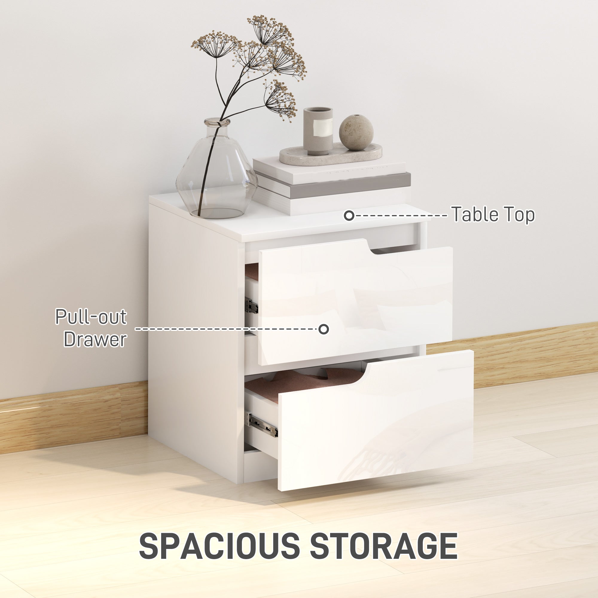 HOMCOM Set of Two High Gloss Bedside Tables - White - North Peak Garden Furniture