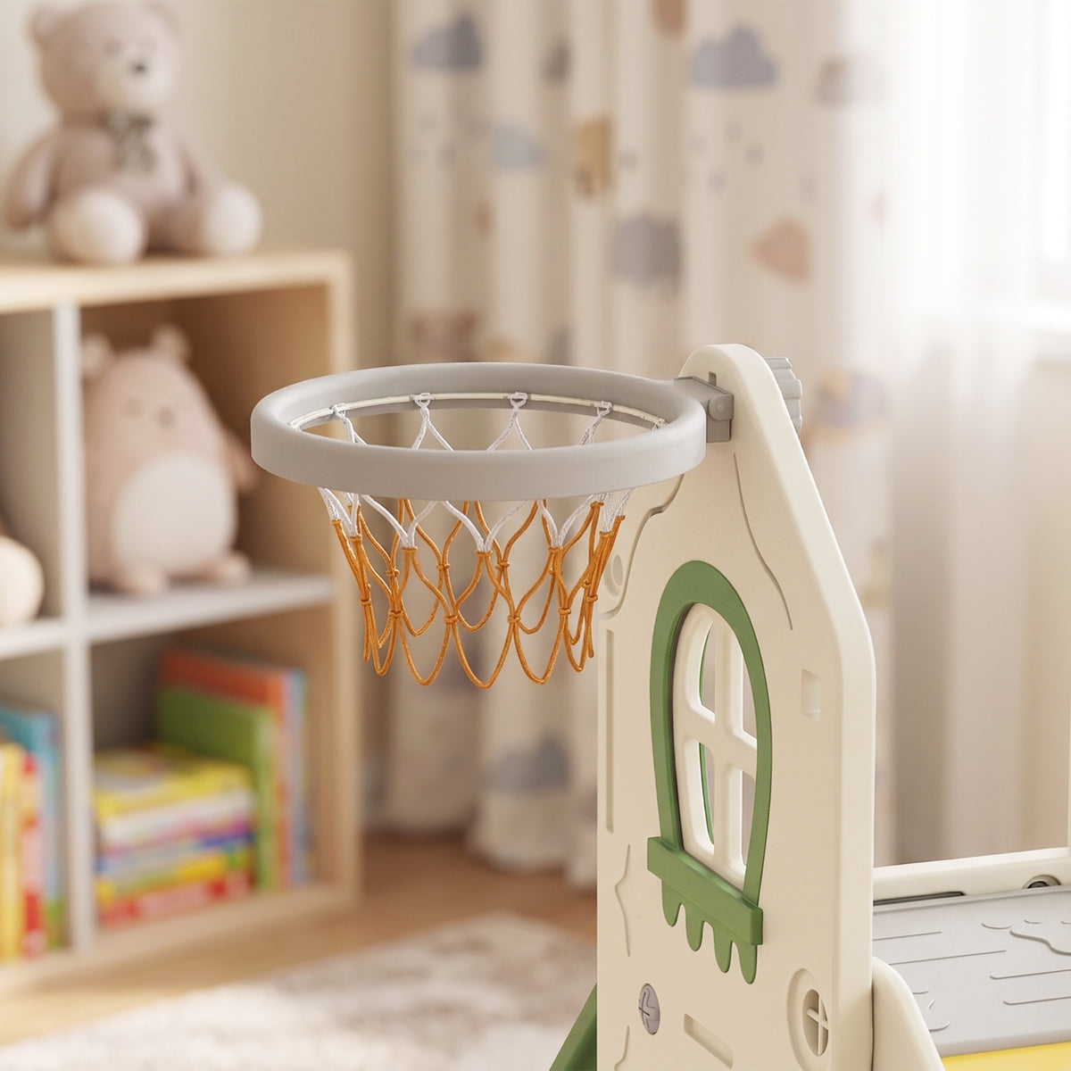 AIYAPLAY Foldable 5 in 1 Toddler Slide with Ladder, Climbing Wall, Basketball Hoop, Storage and Basketball for 1-3 Years, Cream