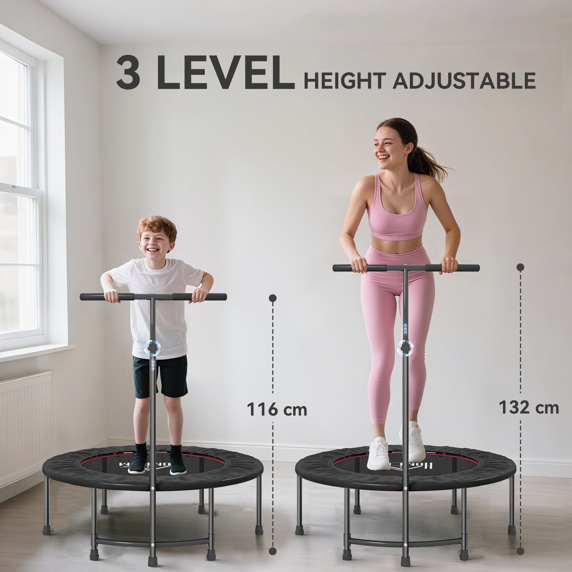 HOMCOM 40'' Fitness Trampoline with Adjustable Handle, Rebounder Trampoline Mini Jumper for Indoor Exercise Workout, Support Up to 100kg, Black