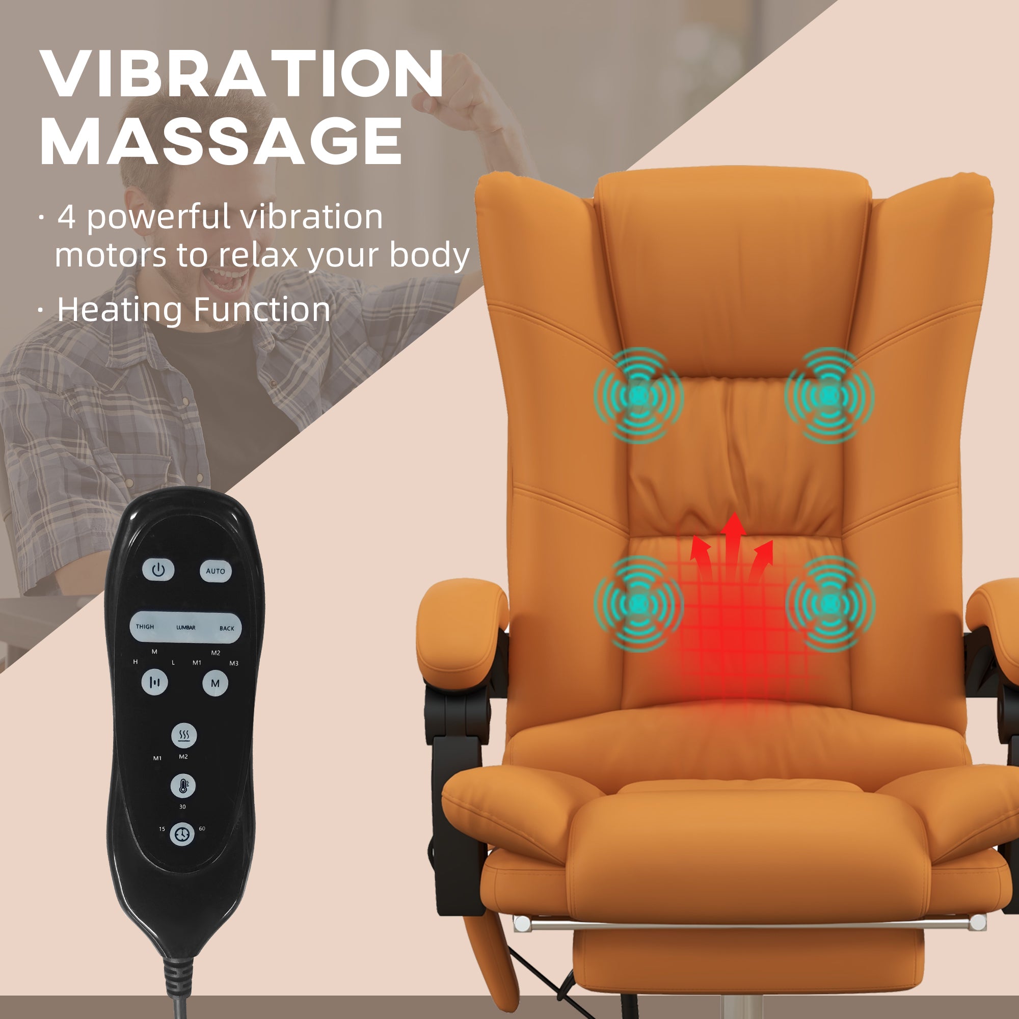 Vinsetto Office Chair, Ergonomic Desk Chair with 4-Point Vibration Massage and Lumbar Heating, PU Leather Computer Chair with 135° Reclining Back and Footrest, Orange - North Peak Garden Furniture