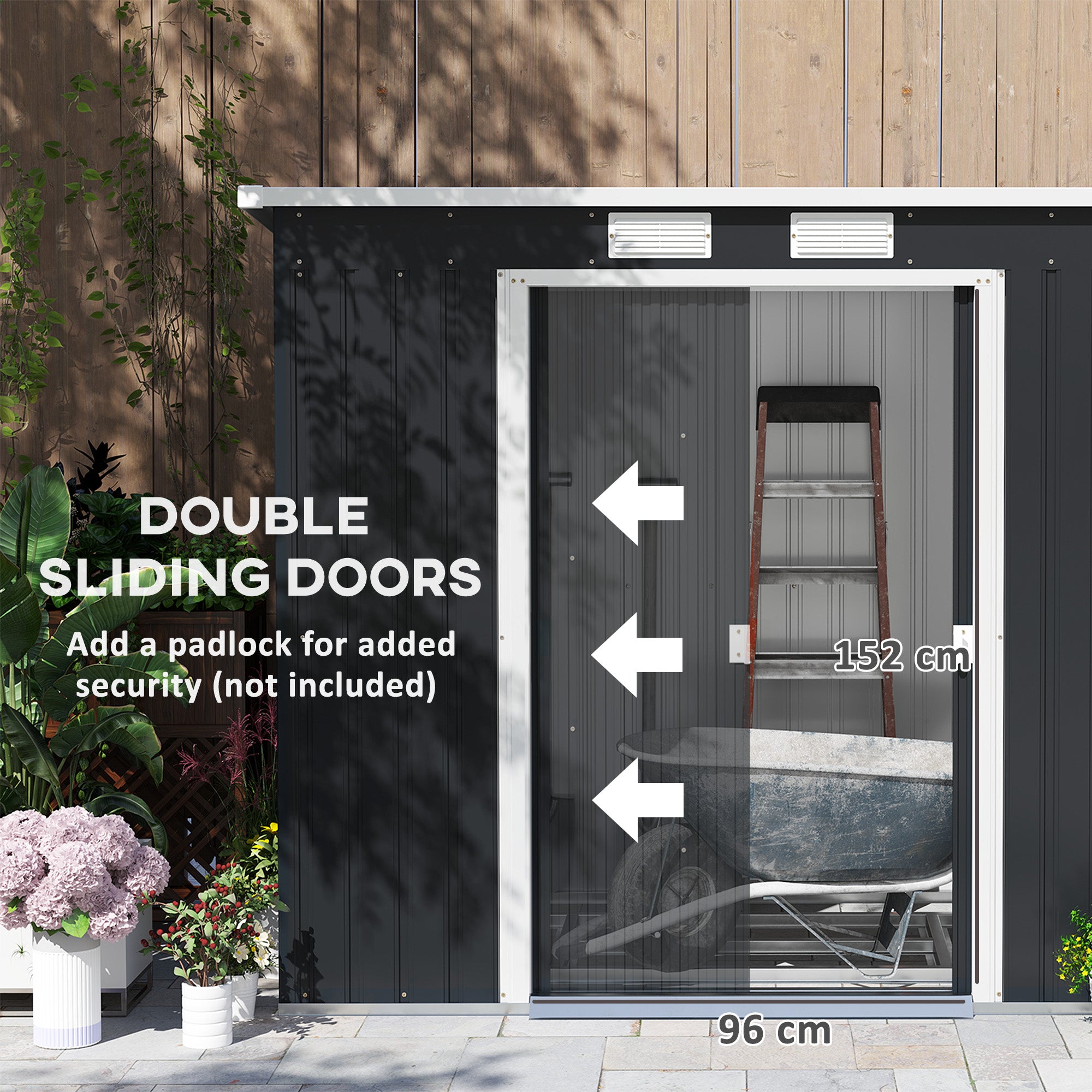 Outsunny Outdoor Lean to Garden Metal Equipment Tool Storage Shed w/ Foundation Kit, Double Door, Vents and Sloped Roof, Dark Grey