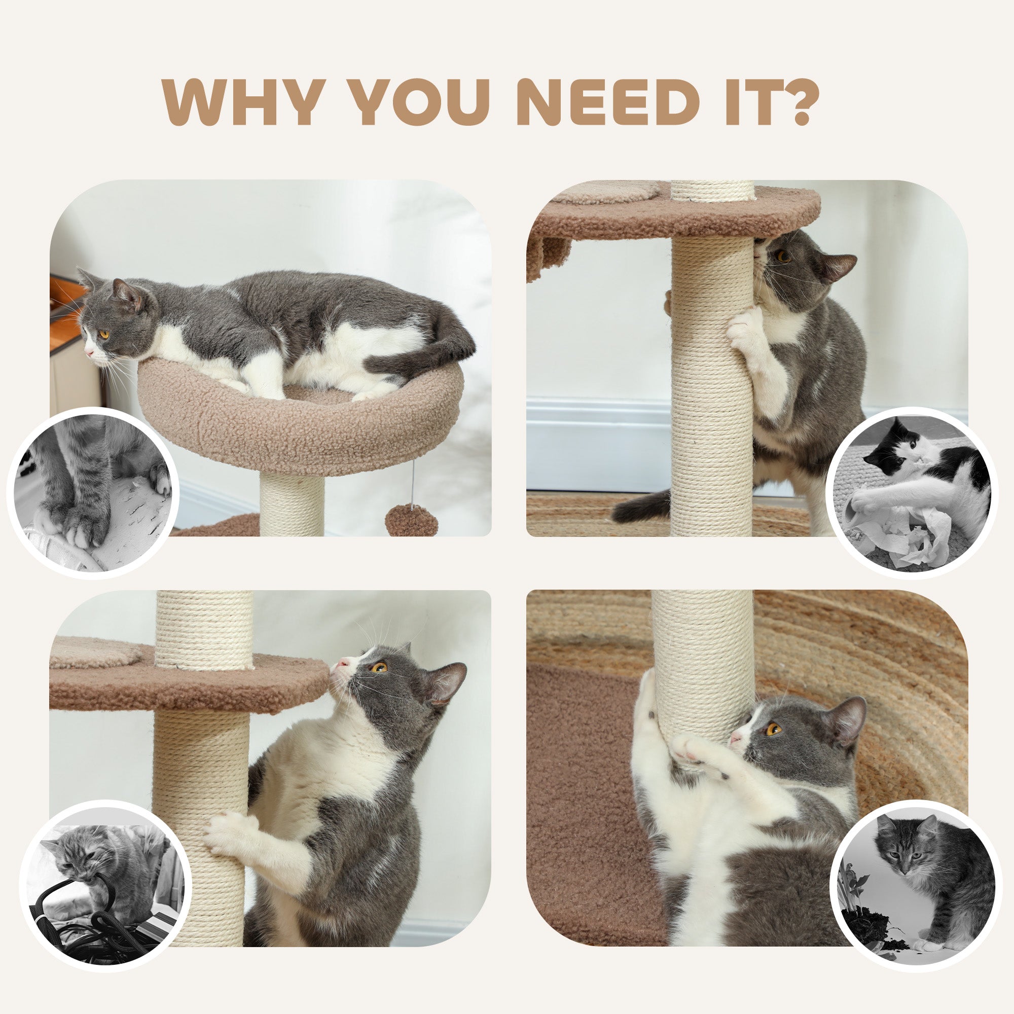 PawHut Cat Tee for Indoor Cats, 88cm Cat Tower with Sisal Scratching Post, Hanging Ball, Large Cat Perch, Stairs, Brown - North Peak Garden Furniture