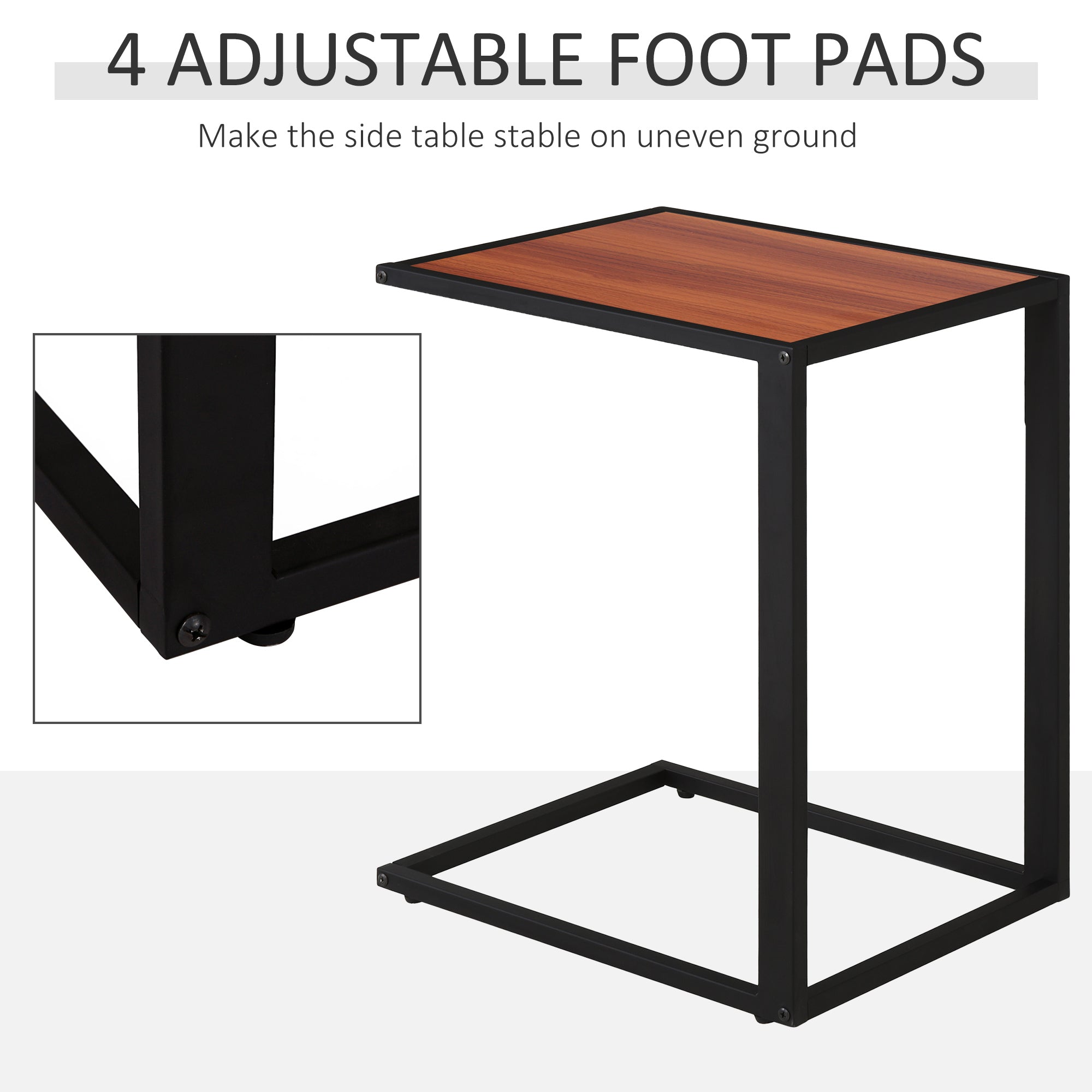 HOMCOM C-Shaped Side Table, Sofa End Table with Metal Frame, Accent Couch Table for Living room, Bedroom, Walnut and Black - North Peak Garden Furniture