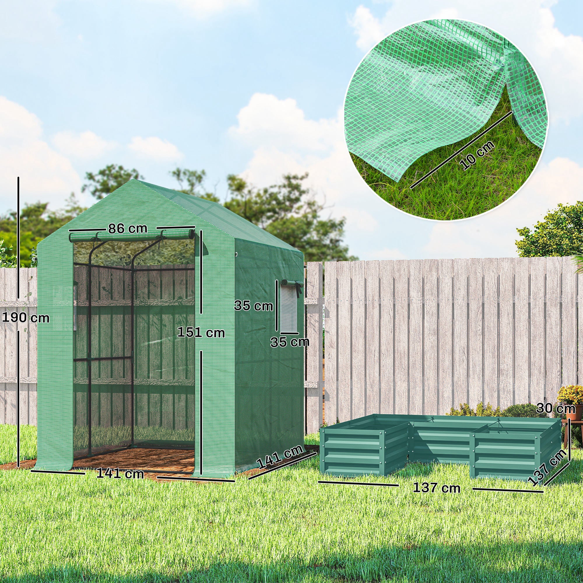Outsunny Mini Greenhouse with Raised Garden Bed, Galvanised Walk-in Greenhouse with Roll Up Windows, 56" x 56" x 75", Green