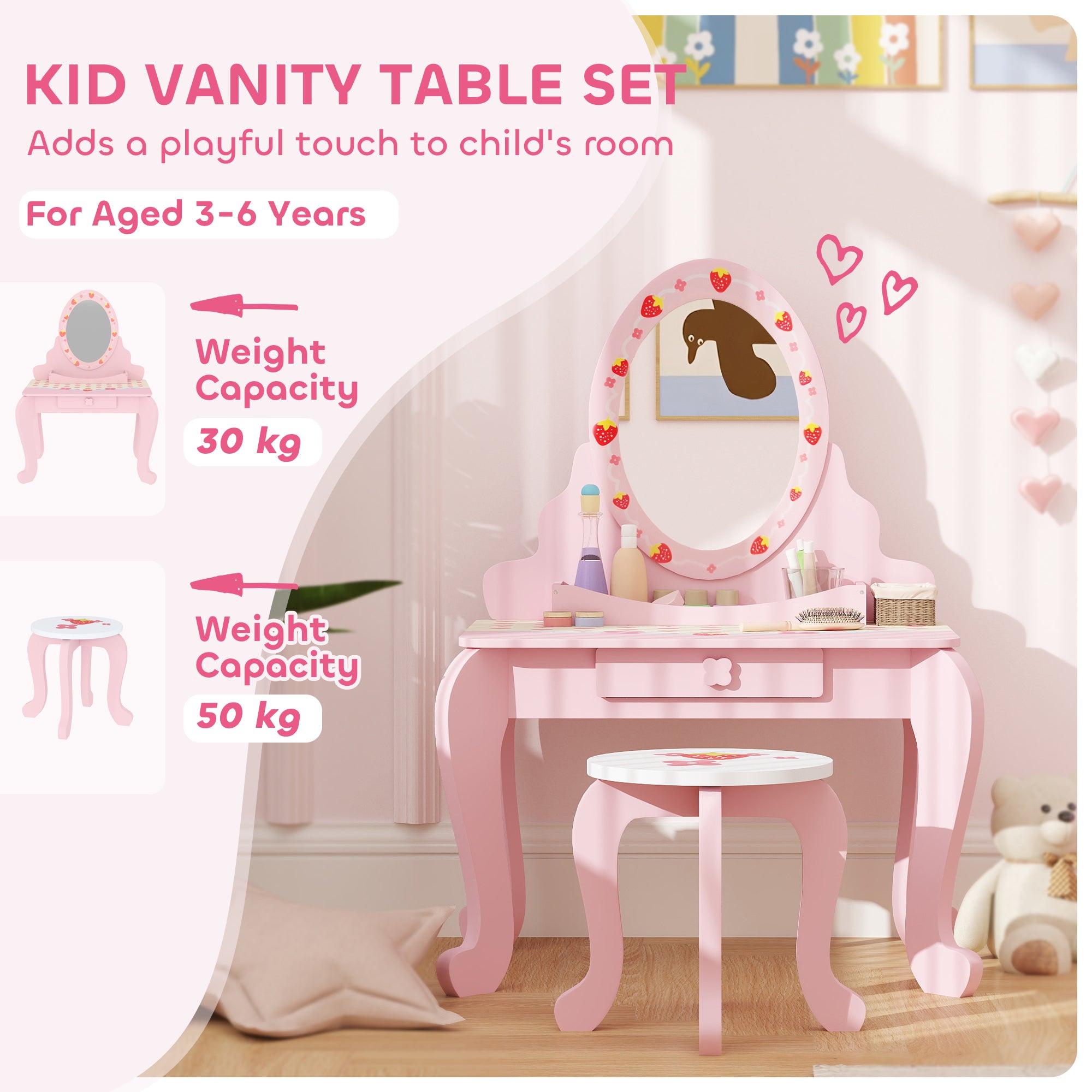 AIYAPLAY Kids Dressing Table Set, Vanity Table with Stool, Mirror, Drawer, Desktop Storage, Strawberry Theme, Pink - North Peak Garden Furniture
