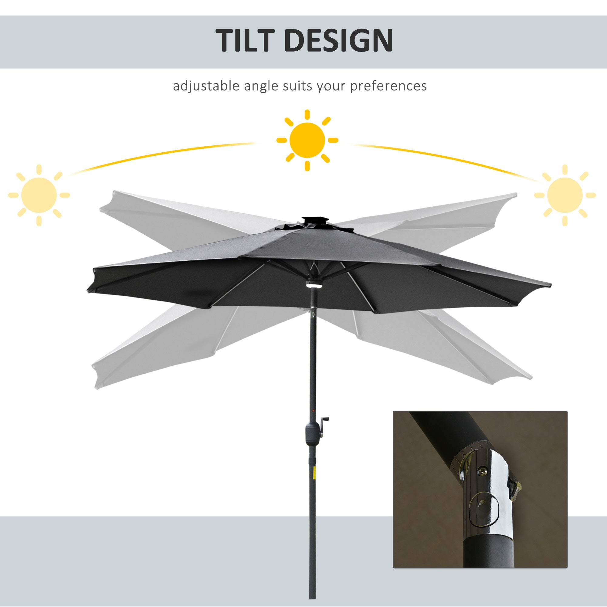 Outsunny 2.7m Garden Parasol Sun Umbrella w/ LED Solar Light Angled Canopy Grey - North Peak Garden Furniture