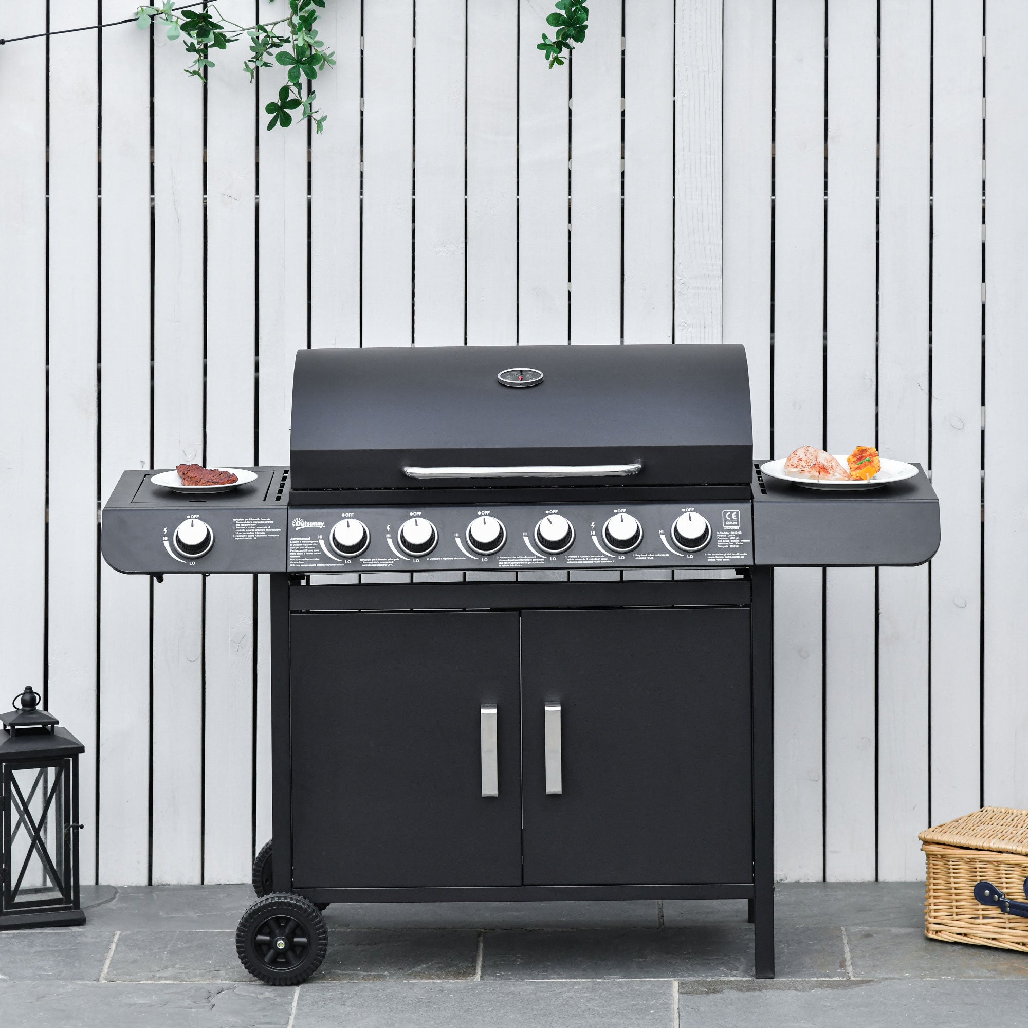 Outsunny Seven Burner Gas Grill, with Integrated Thermometer and Storage - North Peak Garden Furniture