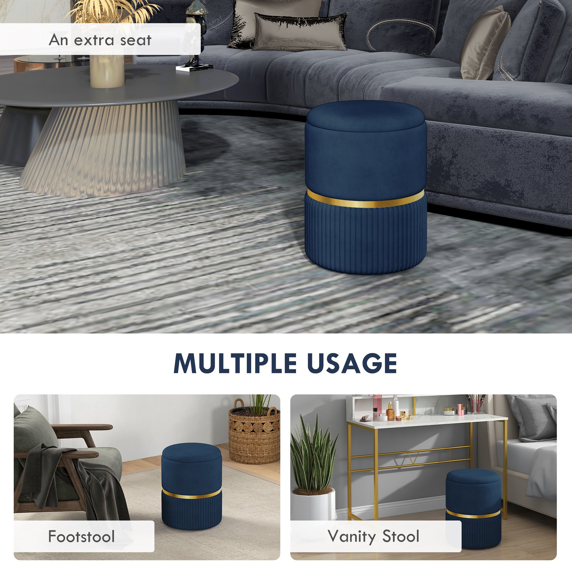 HOMCOM Velvet-Feel Storage Ottoman - Blue - North Peak Garden Furniture