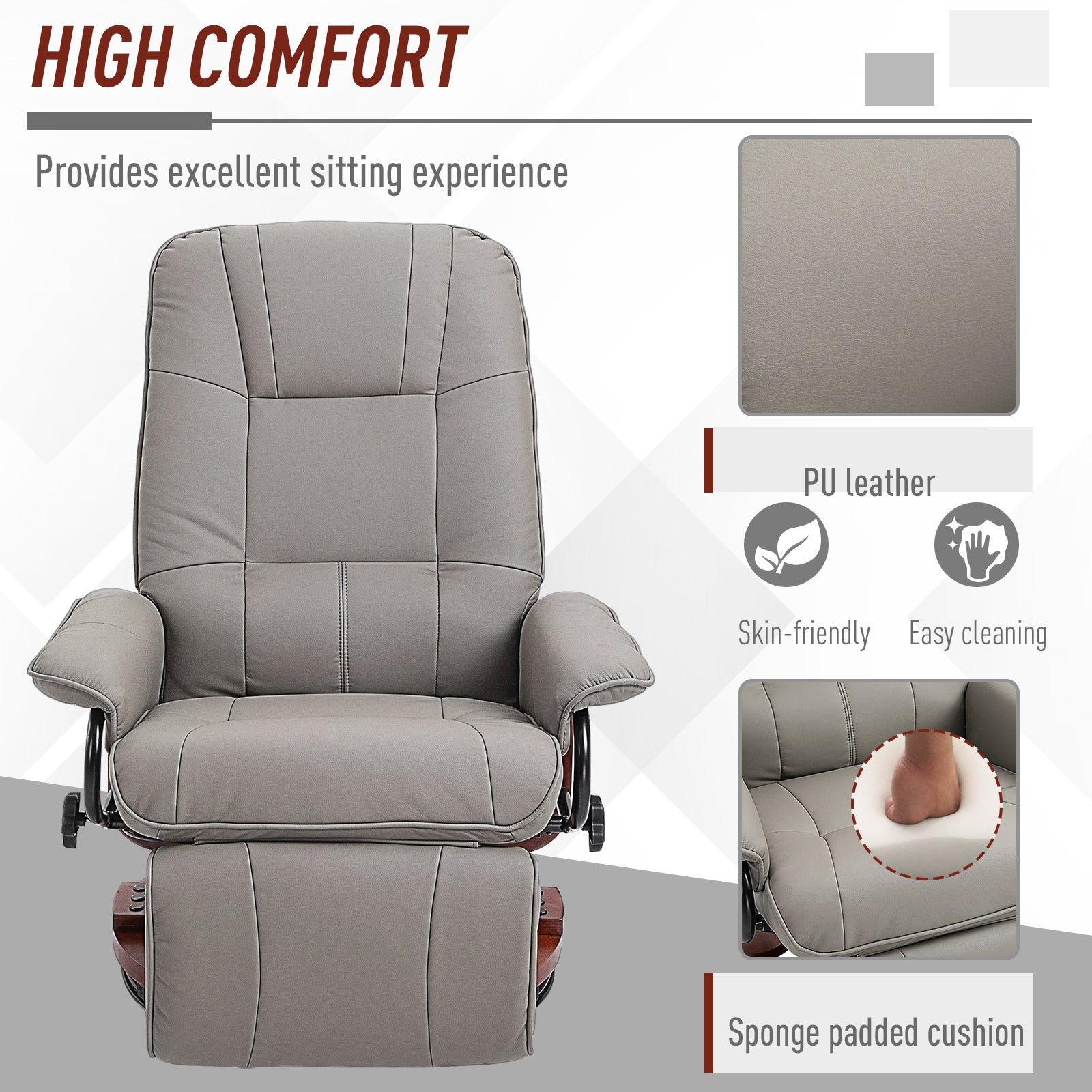 HOMCOM Manual Recliner Chair Armchair Sofa with Faux Leather Upholstered Wooden Base for Living Room Bedroom, Grey - North Peak Garden Furniture