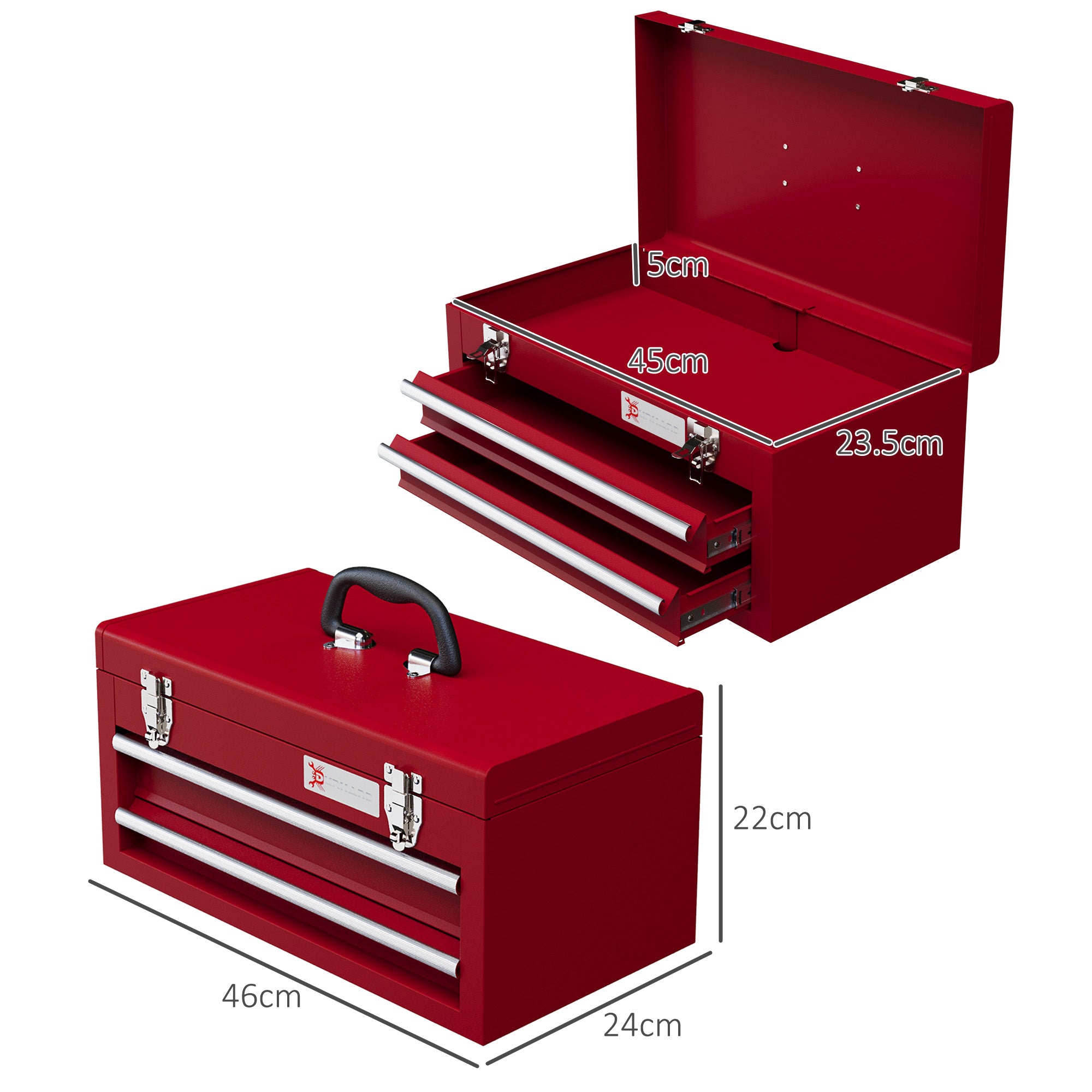 DURHAND Lockable Metal Tool Box, 2 Drawer Tool Chest with Latches, Handle, Ball Bearing Runners, Red - North Peak Garden Furniture