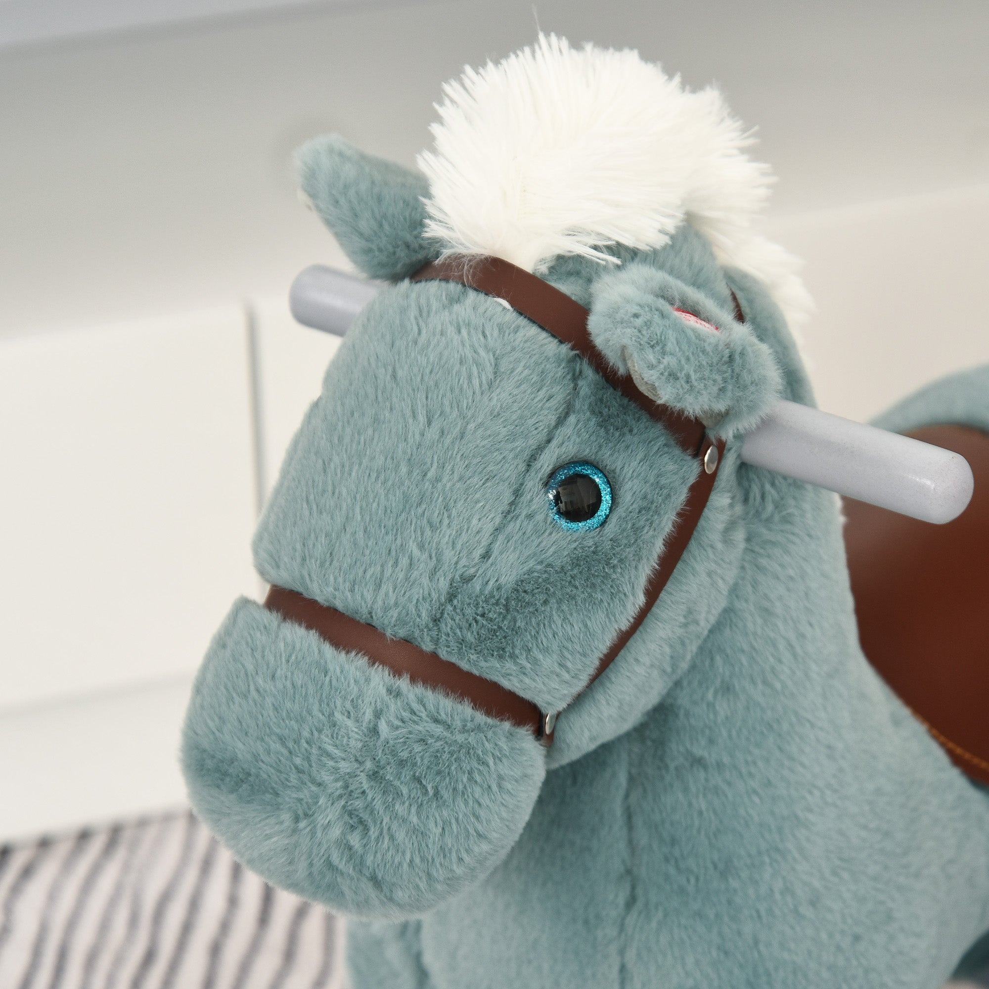 HOMCOM Kids Plush Ride-On Rocking Horse Toy Rocker with Plush Toy Realistic Sounds for Child 18-36 Months Blue - North Peak Garden Furniture