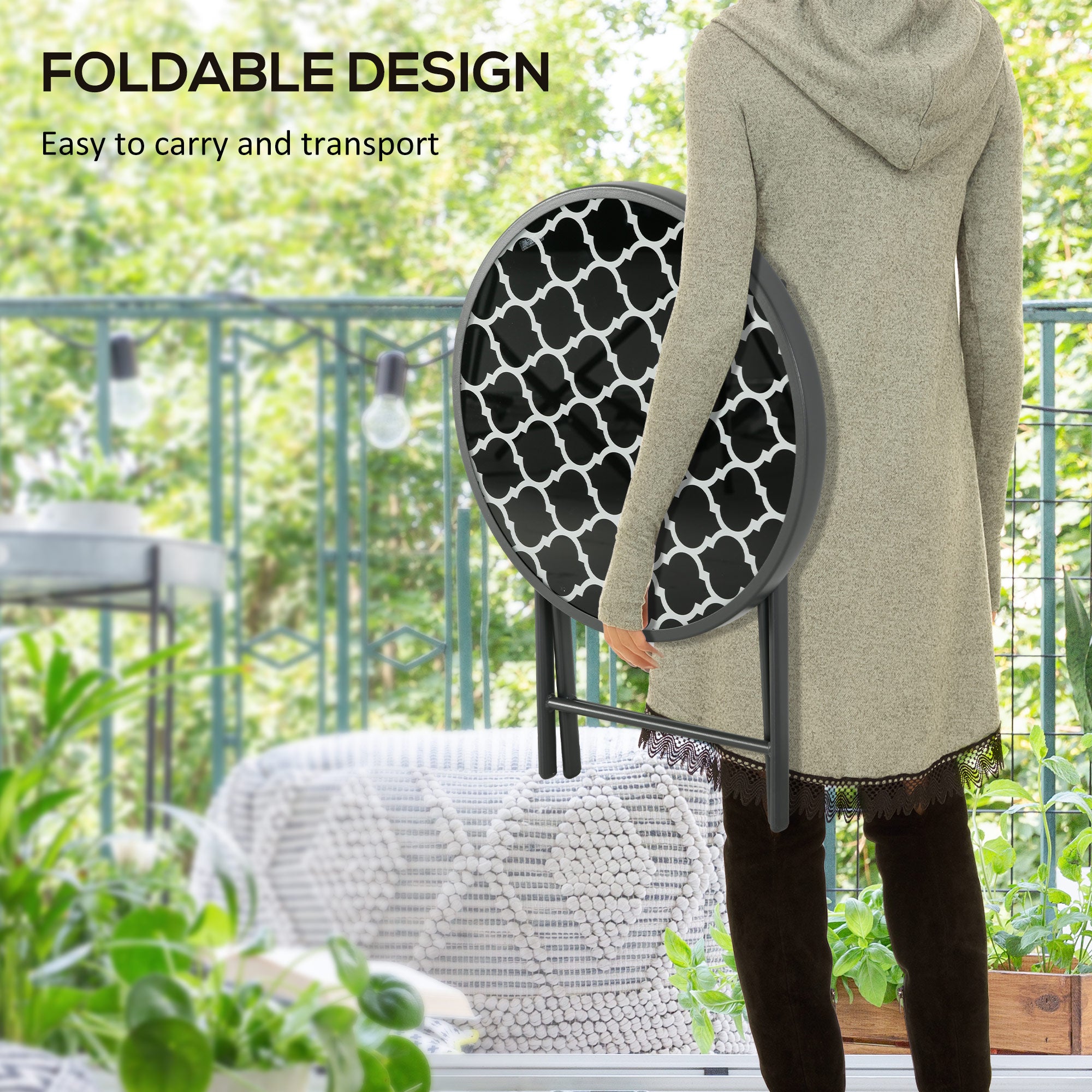 Outsunny Φ45cm Garden Side Table, Outdoor Round Folding Patio Table with Imitation Marble Glass Top, Small Coffee Table, Black and White - North Peak Garden Furniture