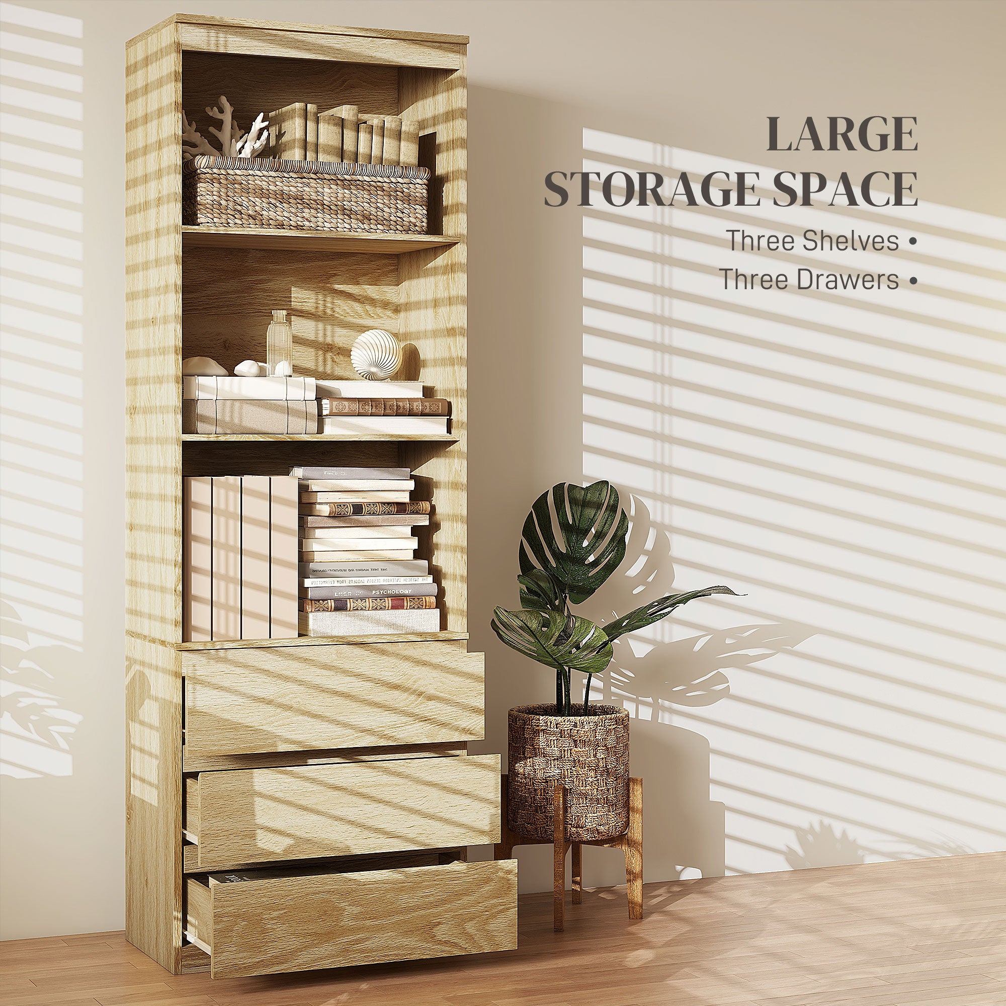 HOMCOM 180cm Tall Bookcase, with Shelves and Drawers - Wood Effect - North Peak Garden Furniture