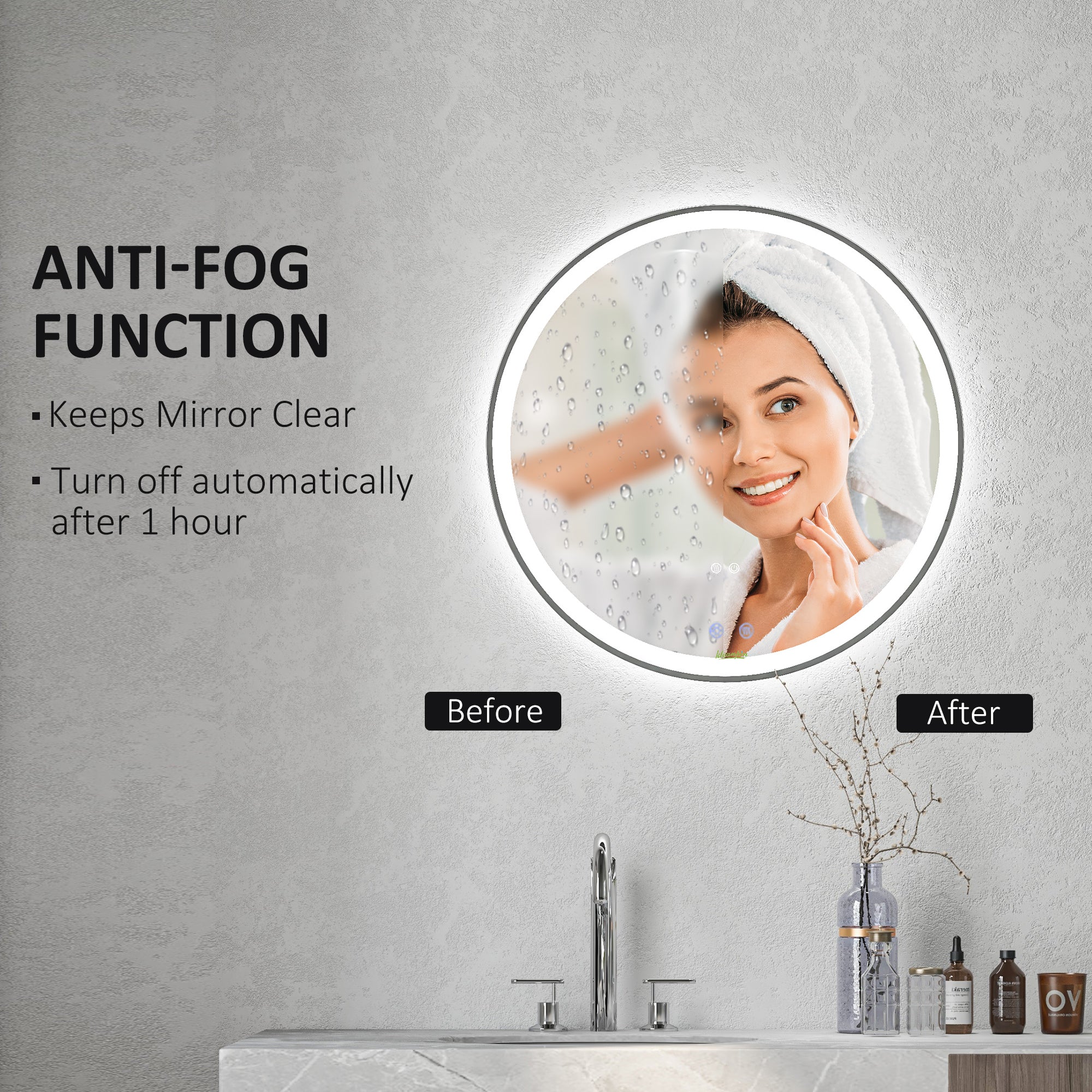 kleankin Round Bathroom Mirror with LED Lights, Wall Mount Dimmable Makeup Mirror with 3 Temperature Colours, Defogging Film and Memory Function, Frameless, Hardwired, 70 x 70 cm - North Peak Garden Furniture