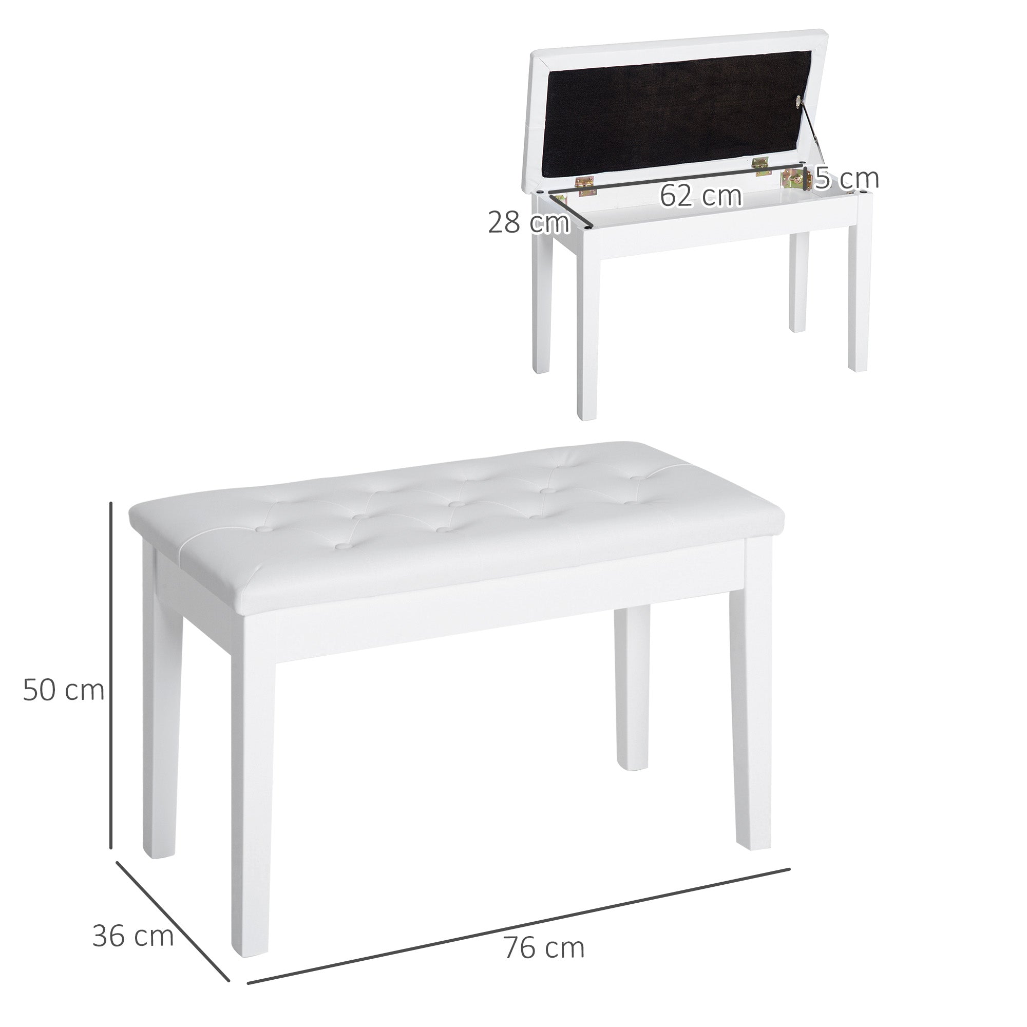 HOMCOM PU Leather Upholstered Piano Stool Makeup Stool Bench Dressing Table Seat with Storage 76x36x50cm, White - North Peak Garden Furniture