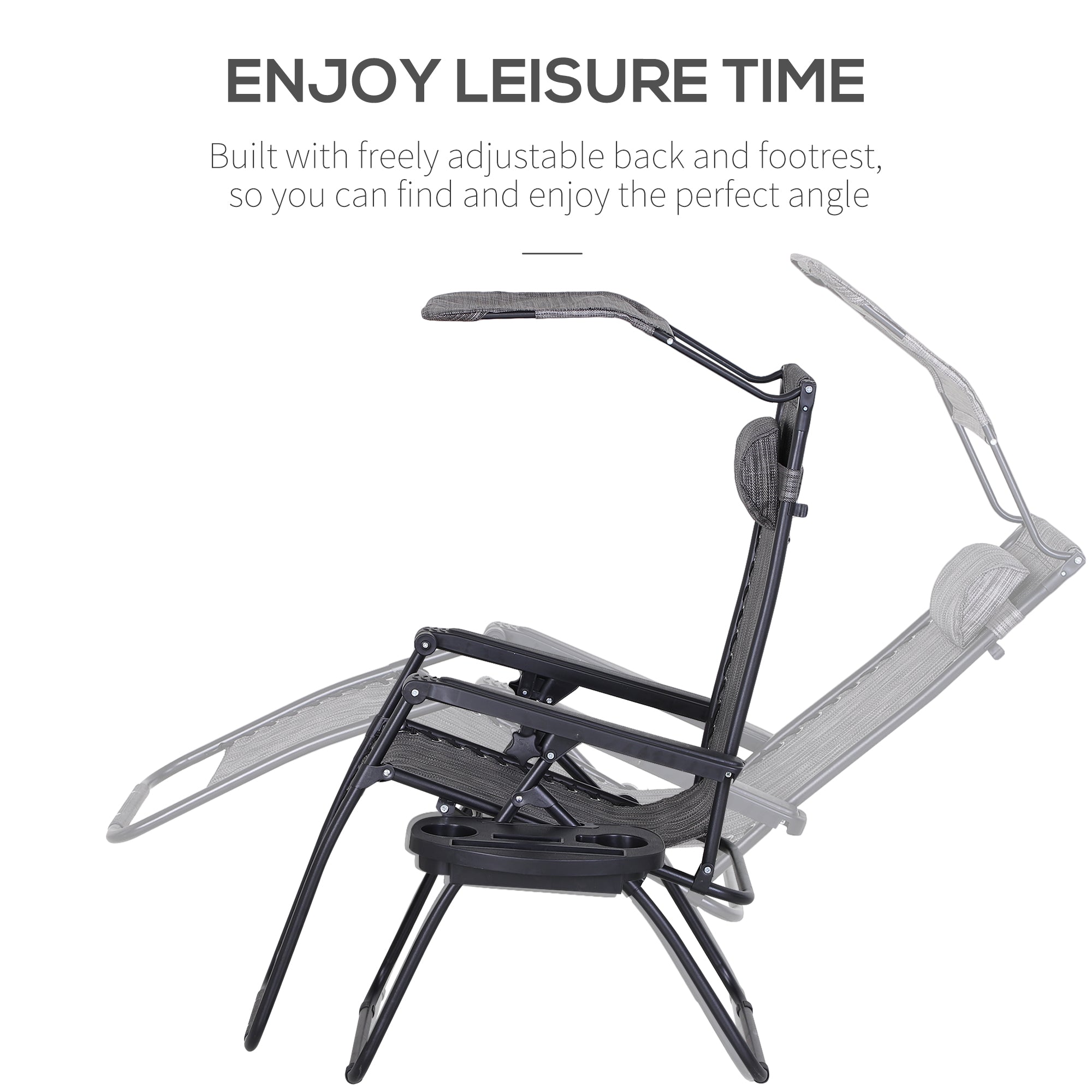 Outsunny 2 Piece Foldable Reclining Garden Chair with Headrest, Zero Gravity Deck Sun Lounger Seat Chair with Footrest, Armrest, Cup Holder & Canopy Shade, Grey - North Peak Garden Furniture