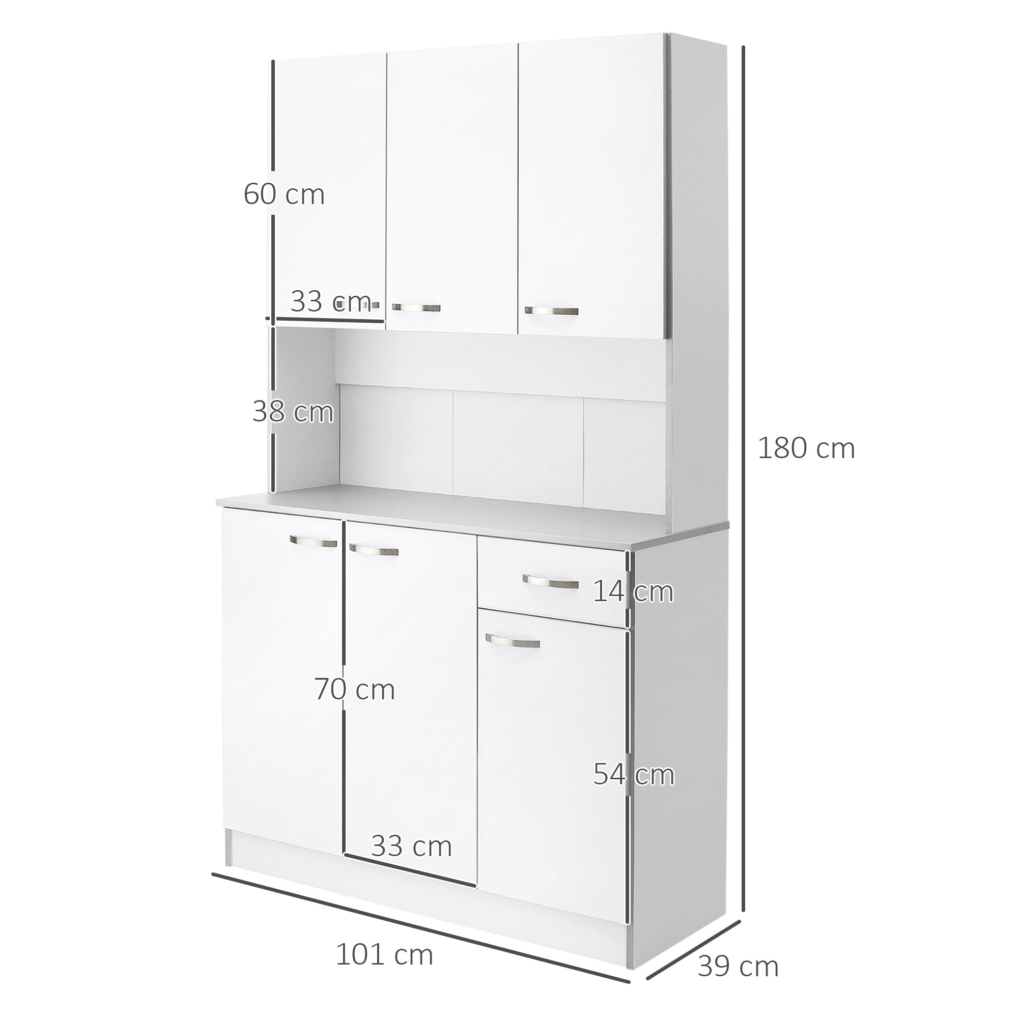 HOMCOM Kitchen Cupboard, Freestanding Kitchen Storage Cabinet with 6 Doors, Drawer, Adjustable Shelves and Open Countertop for Dining Room, White - North Peak Garden Furniture