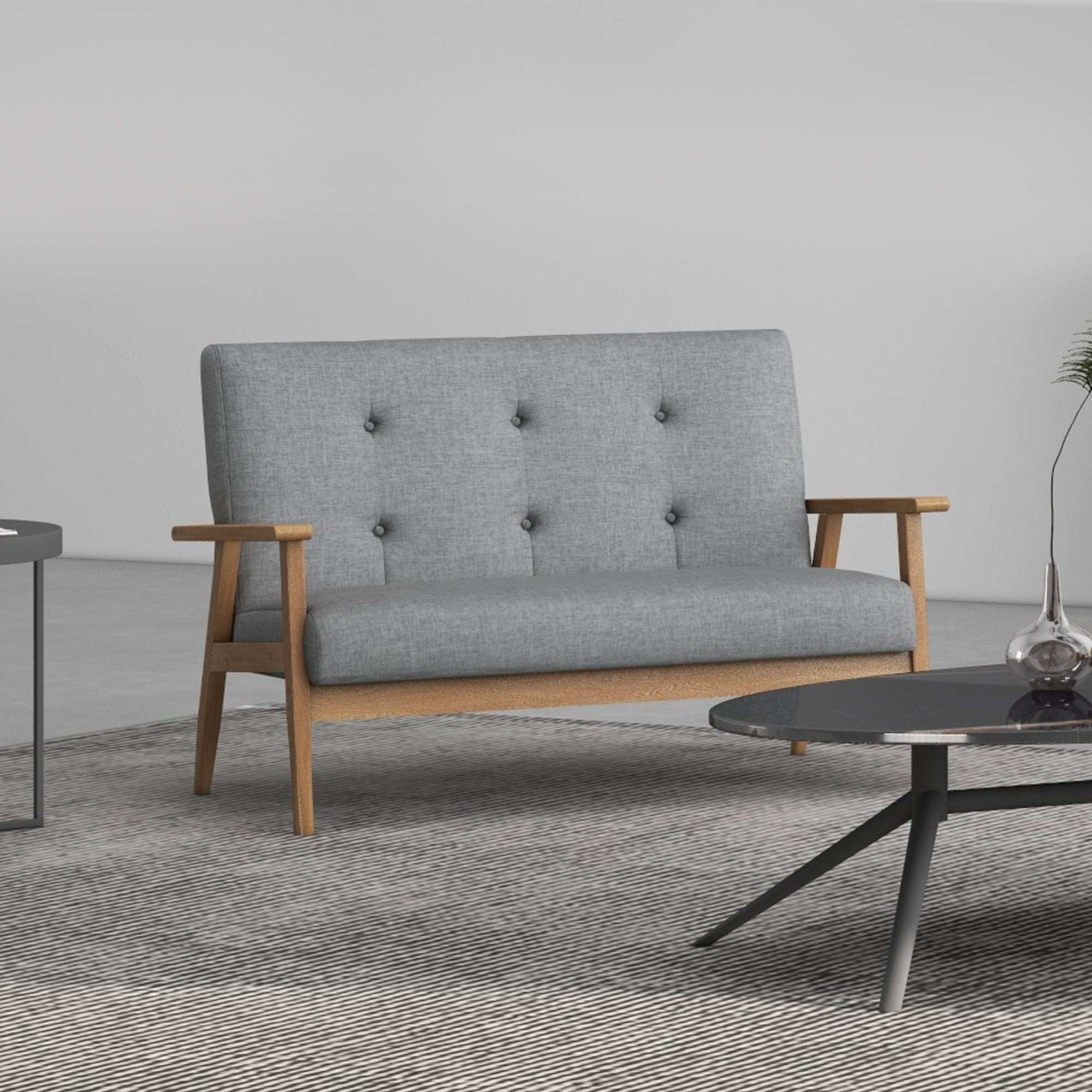 HOMCOM Modern 2 Seater Sofa Linen Fabric Upholstery Tufted Couch with Rubberwood Legs Dark Grey - North Peak Garden Furniture