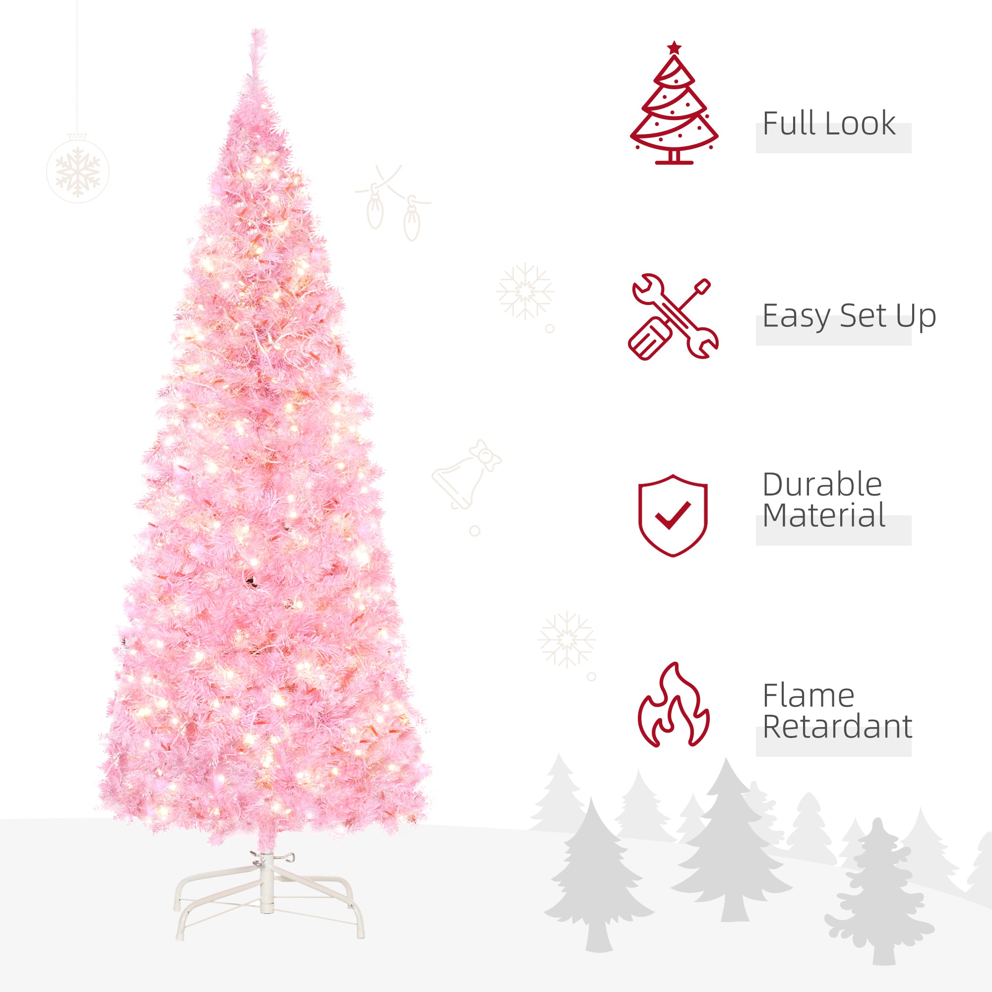 HOMCOM 5FT Tall Prelit Pencil Slim Artificial Christmas Tree with Realistic Branches, Warm White LED Lights and 408 Tips, Xmas Decoration, Pink - North Peak Garden Furniture