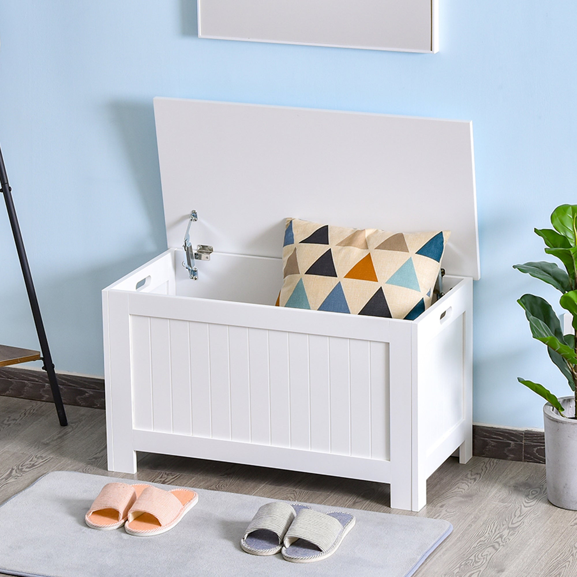 HOMCOM Lift Top Storage Chest Toy Box Organizer with Lid and Safety Hinges for Bedroom Entryway Living Room - White - North Peak Garden Furniture