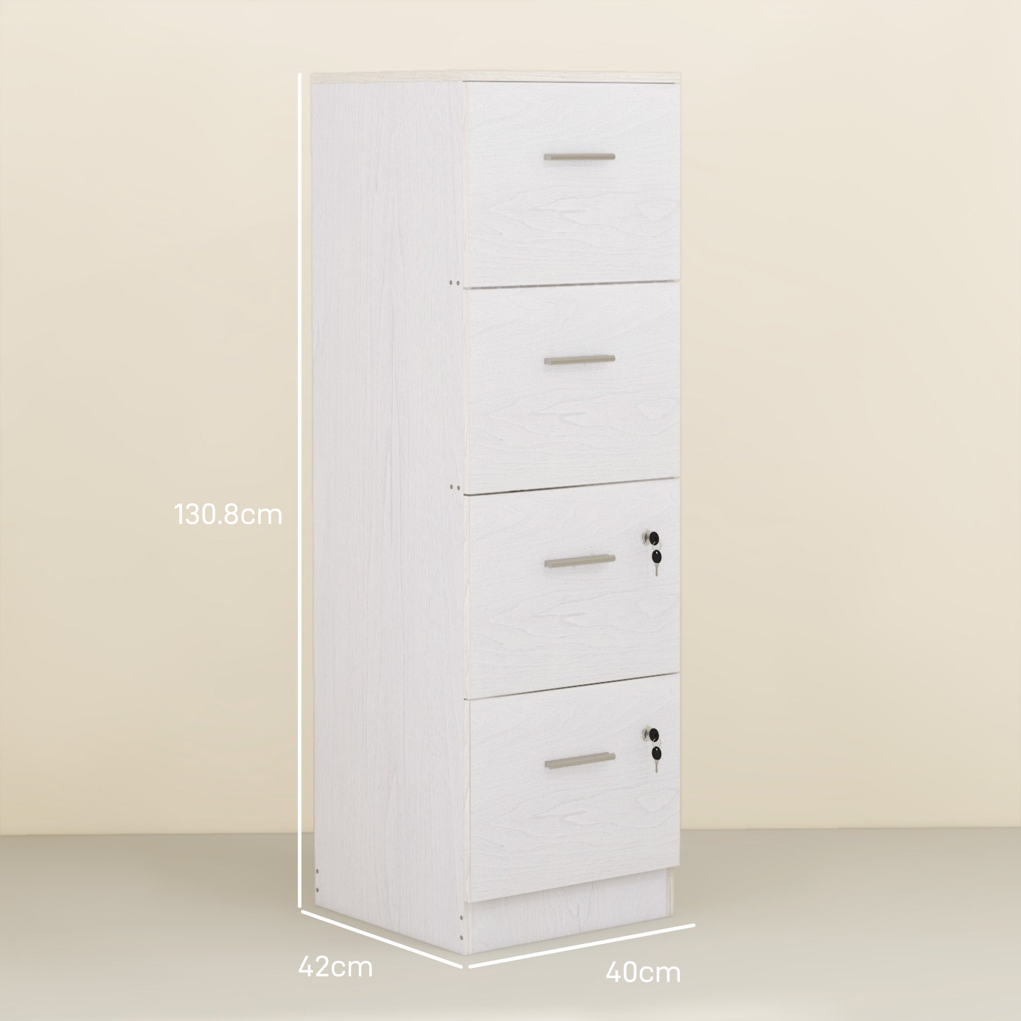HOMCOM Four-Drawer Lockable Filing Cabinet - White Wood Effect - North Peak Garden Furniture