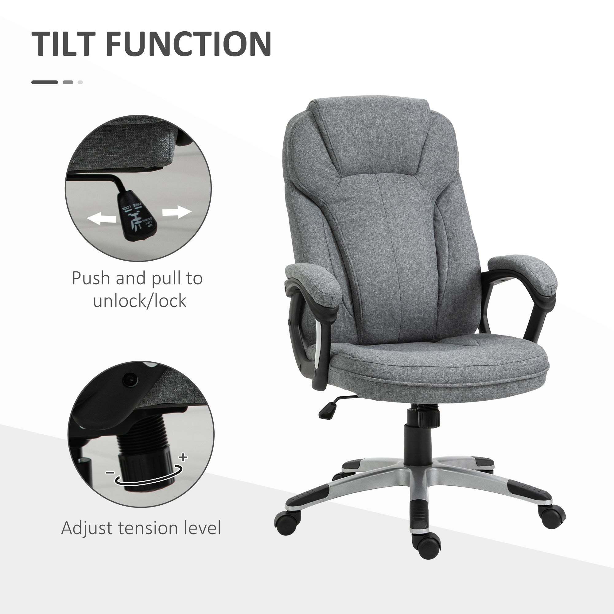 Vinsetto Office Chair, Linen Fabric Desk Chair, Height Adjustable Computer Chair with Padded Armrests, Swivel Wheels and Tilt Function, Grey - North Peak Garden Furniture