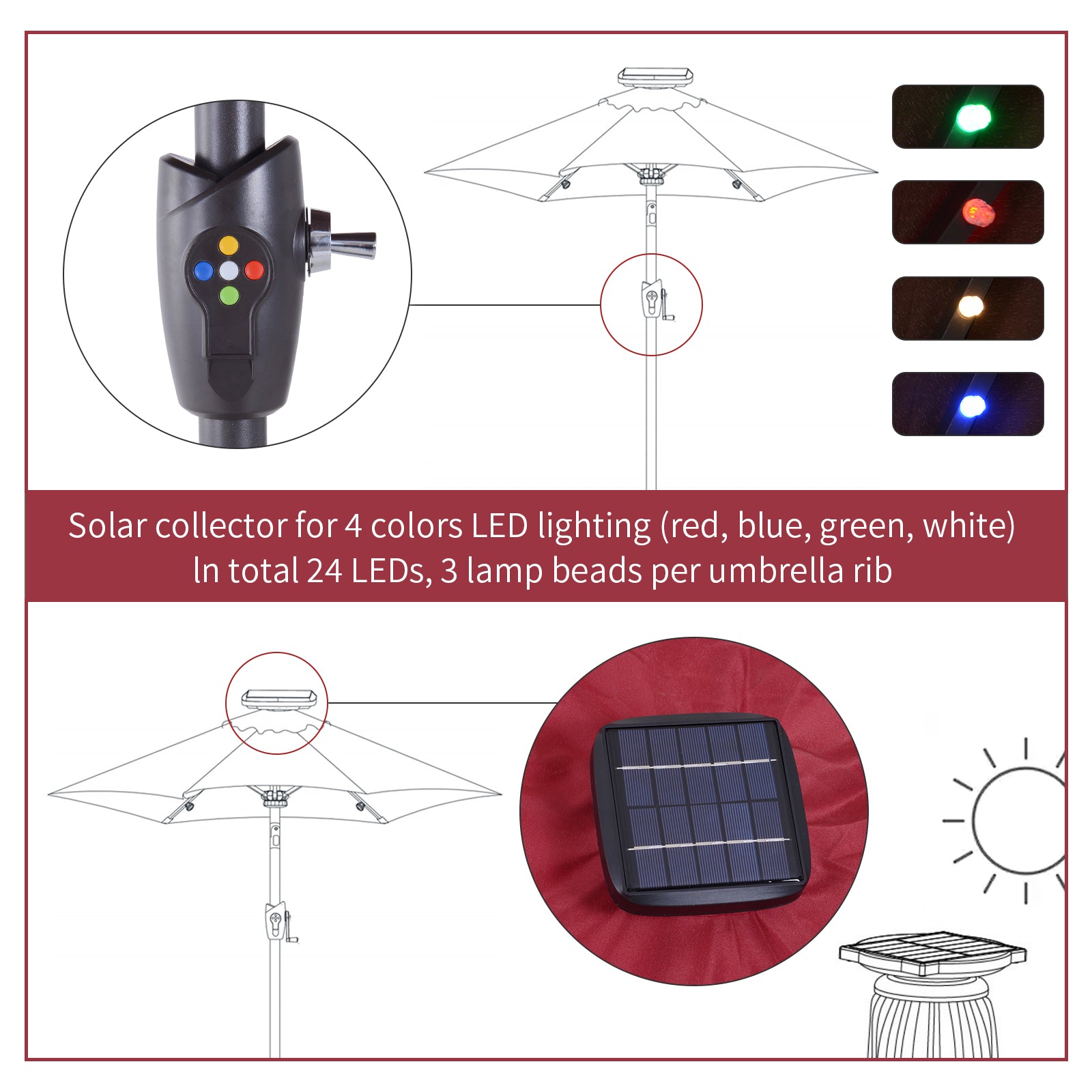 Outsunny Φ2.7m Garden 24 LED Light Parasol Solar Outdoor Tilt Sun Umbrella Patio Club Party Event Manual Sun Shade w/ Hand Crank and 8 Ribs, Red - North Peak Garden Furniture