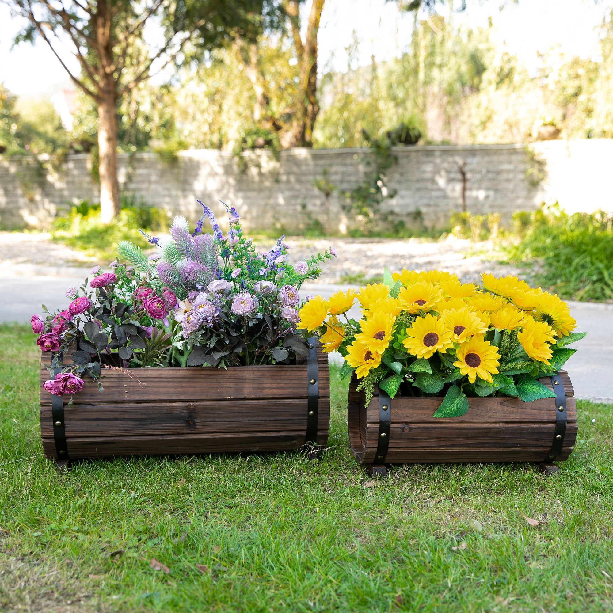 Outsunny Wooden Planters: Durable Carbonized Finish for Indoor & Outdoor Floral Displays, Set of 2