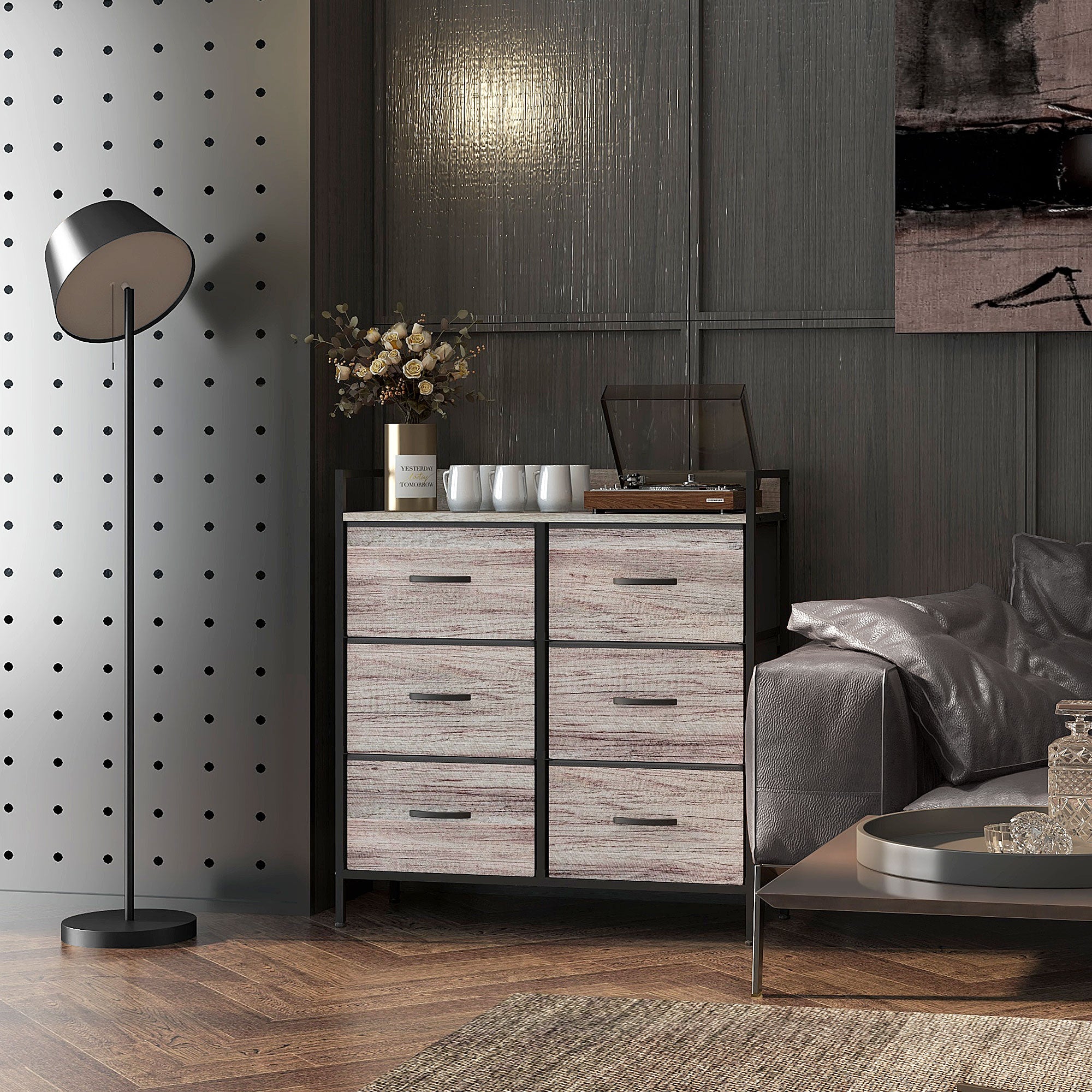 HOMCOM Rustic Chest of Six Fabric Drawers - Grey Wood Effect - North Peak Garden Furniture