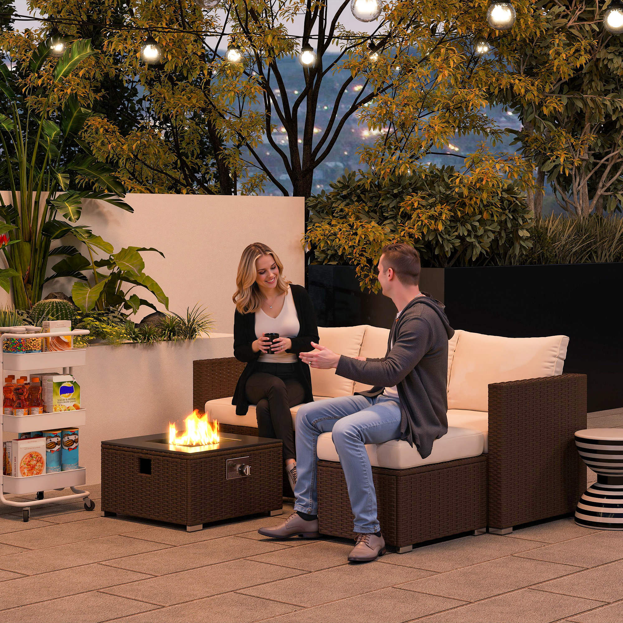 Outsunny Five Piece Rattan Garden Furniture Set with Gas Fire Pit Table and Footstool - Brown and Cream White - North Peak Garden Furniture