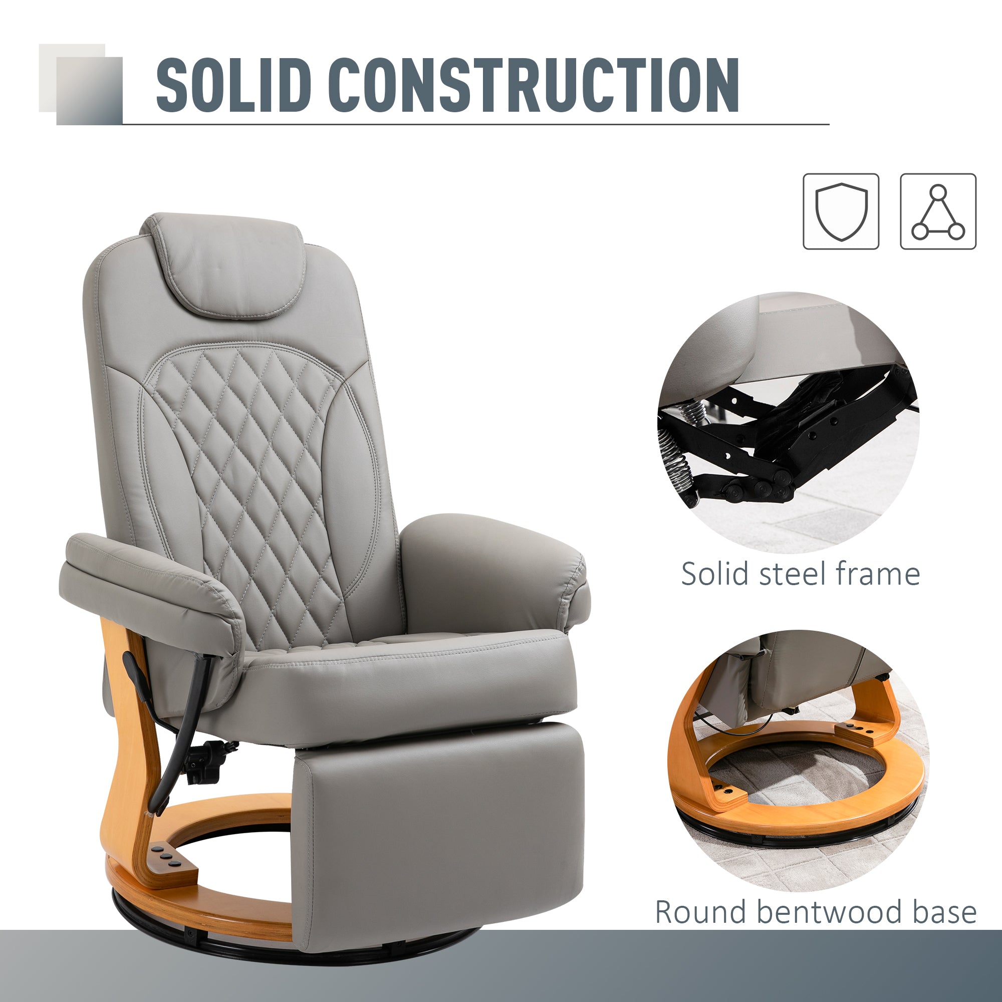 HOMCOM PU Recliner Chair with Footrest, Headrest, Round Wooden Base, Lounge Reading Armchair for Living Room, Bedroom and Office, Grey - North Peak Garden Furniture