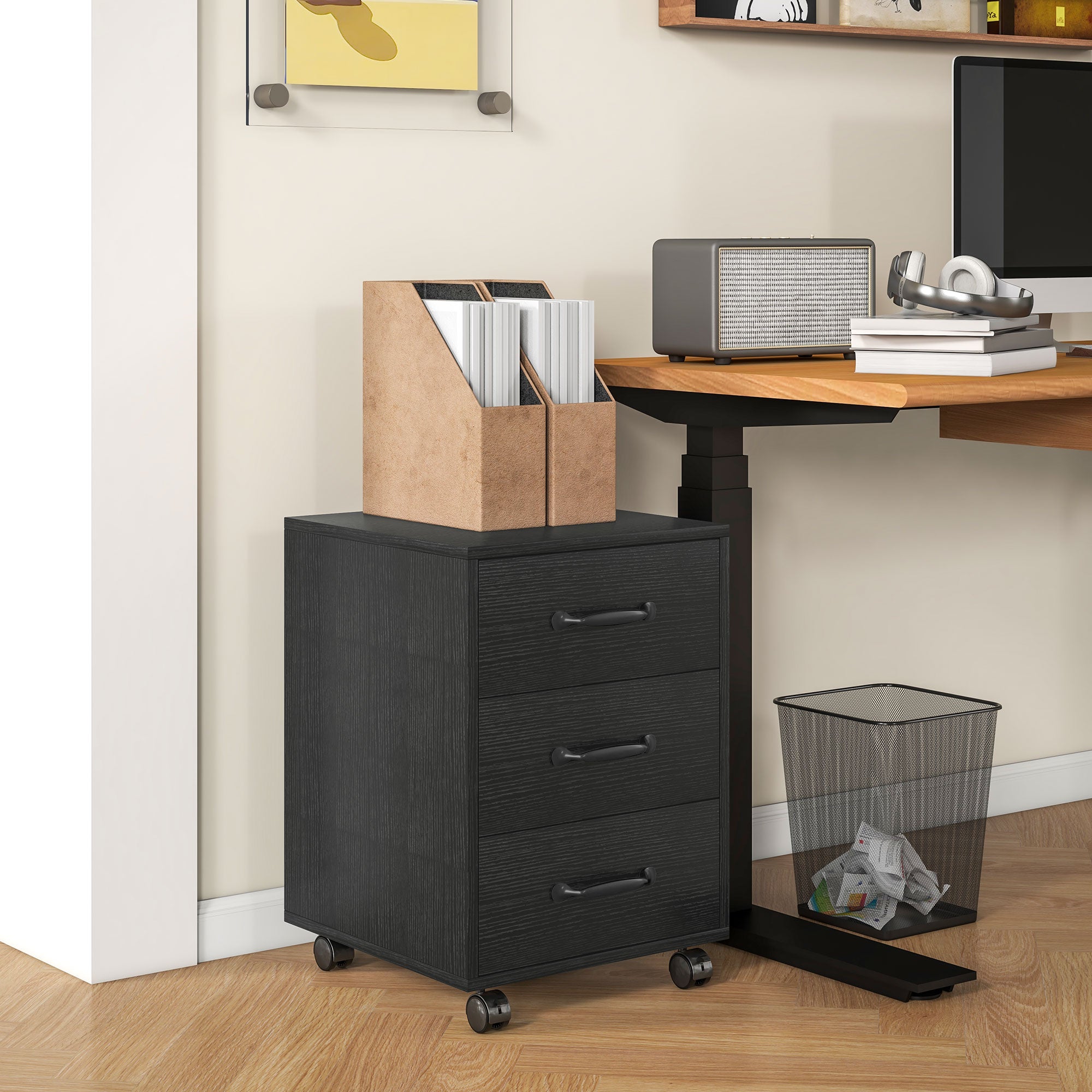 HOMCOM 3 Drawer File Cabinet, Mobile Filing Cabinet on Wheels for Home Office, Study, Black - North Peak Garden Furniture