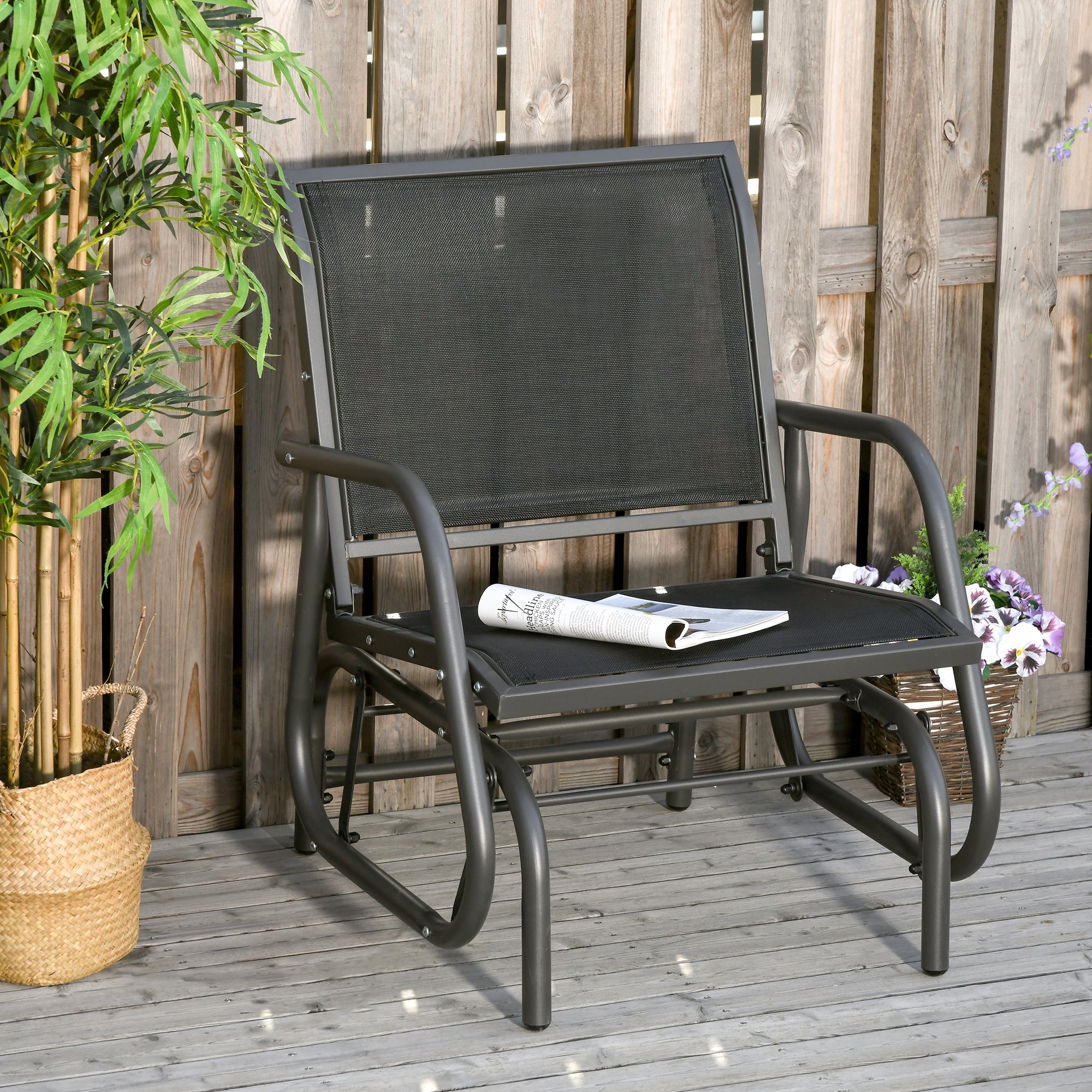 Outsunny Outdoor Gliding Swing Chair Garden Seat w/ Mesh Seat Curved Back Steel Frame Armrests Comfortable Lounge Furniture Dark Grey Black - North Peak Garden Furniture