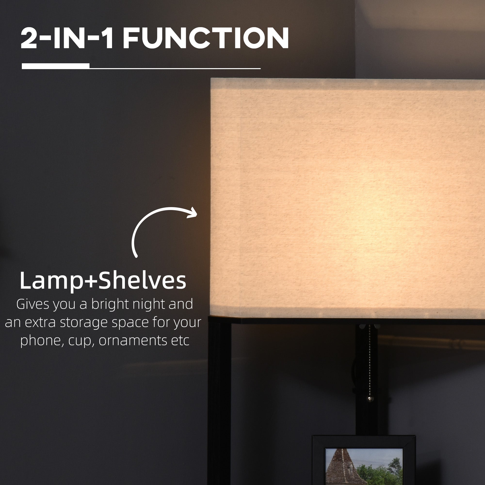 HOMCOM Corner Floor Lamp with Shelves, Modern Tall Standing Lamps for Living Room, Bedroom, with Chain Switch Bulb not Included, Black - North Peak Garden Furniture