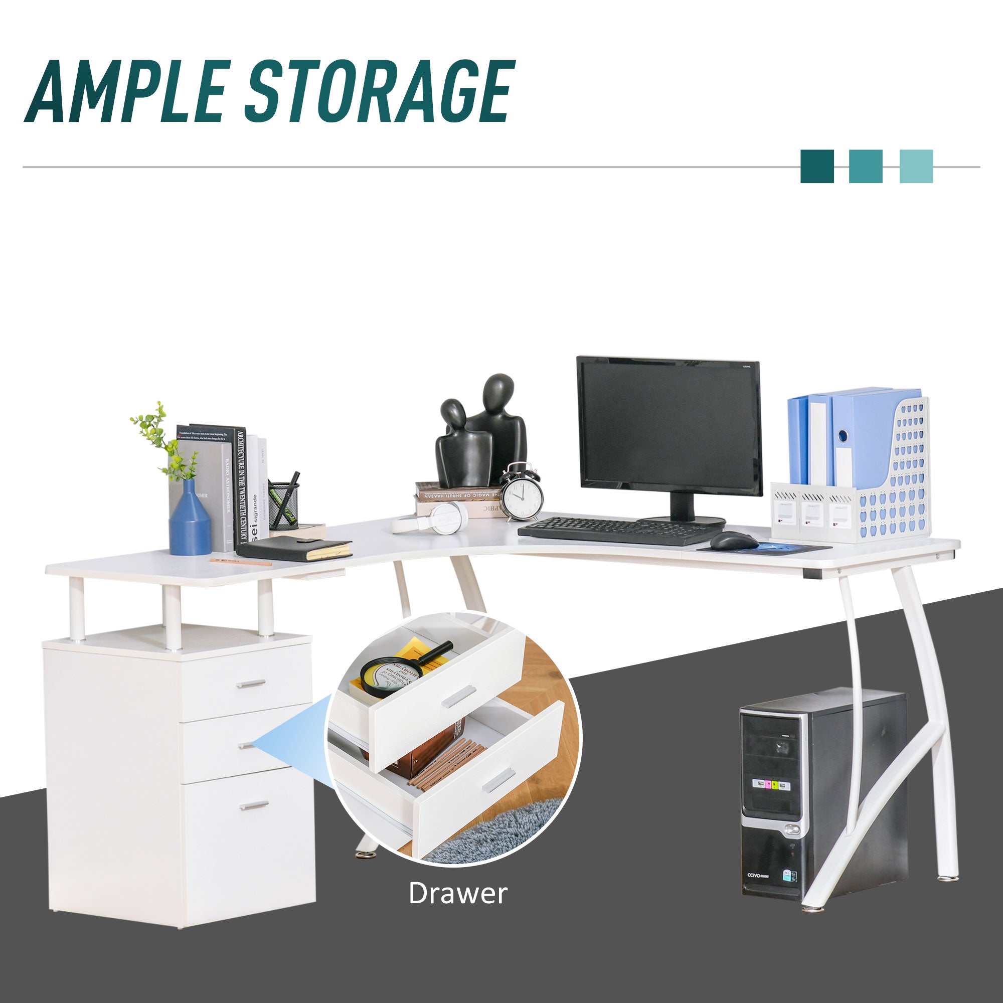 HOMCOM L-Shaped Computer Desk Table with Storage Drawer Home Office Corner Industrial Style Workstation for A4 Files 152 x 143.5 x 76cm, White