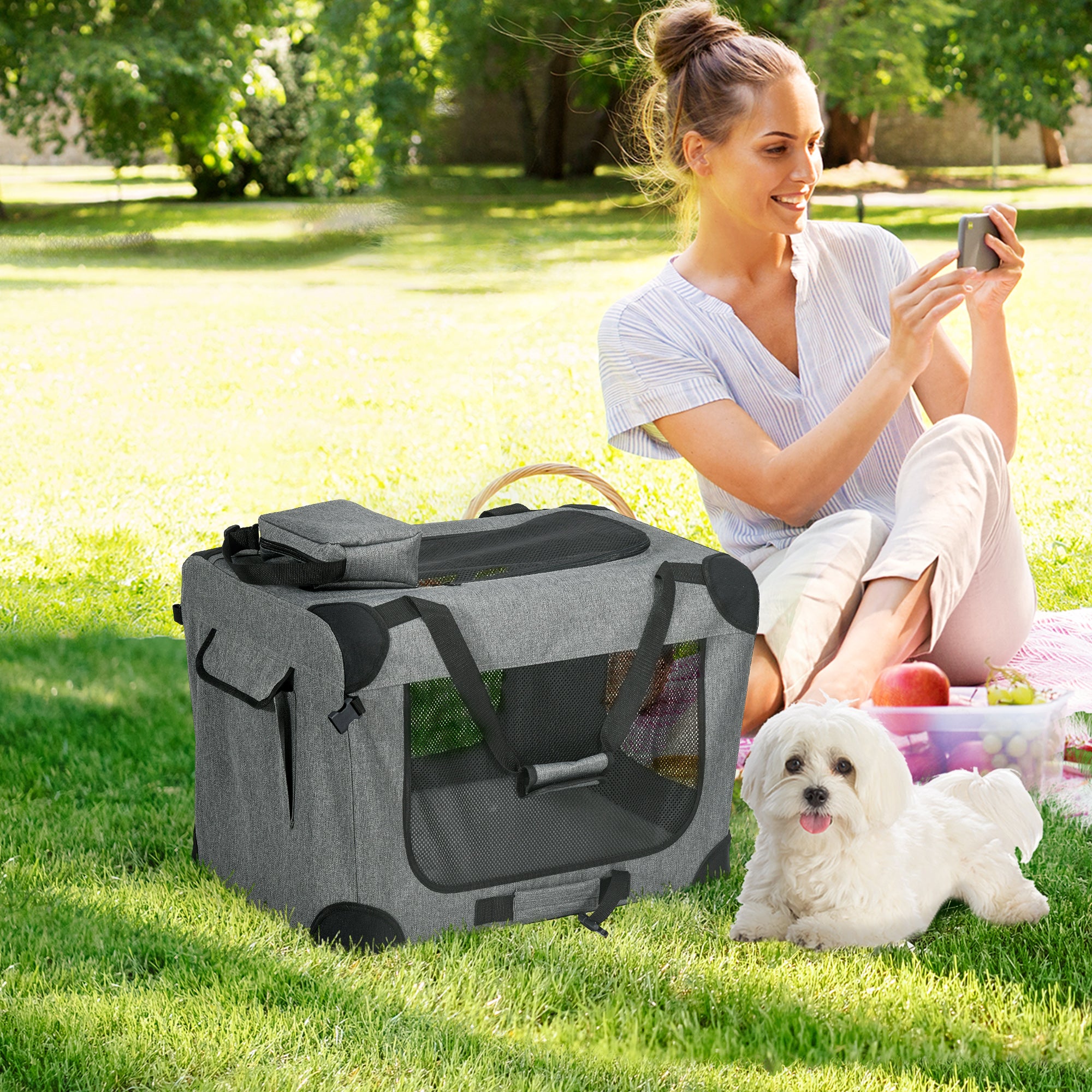 PawHut Oxford Fabric Folding Pet Carrier Bag Grey - North Peak Garden Furniture