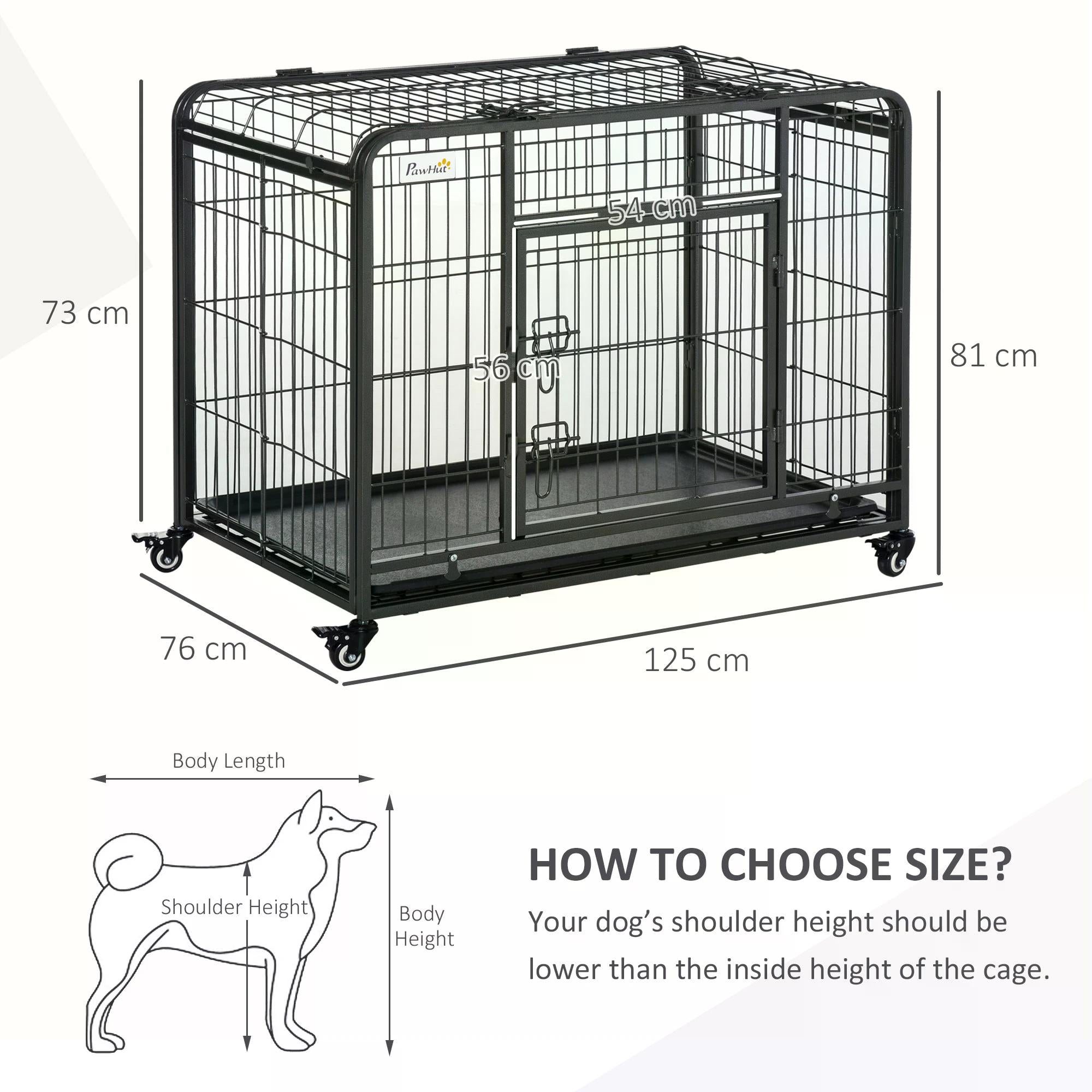 PawHut Folding Heavy-Duty Dog Crate: Double Door Pet Kennel with Removable Tray, Lockable Wheels, 125cm x 76cm x 81cm