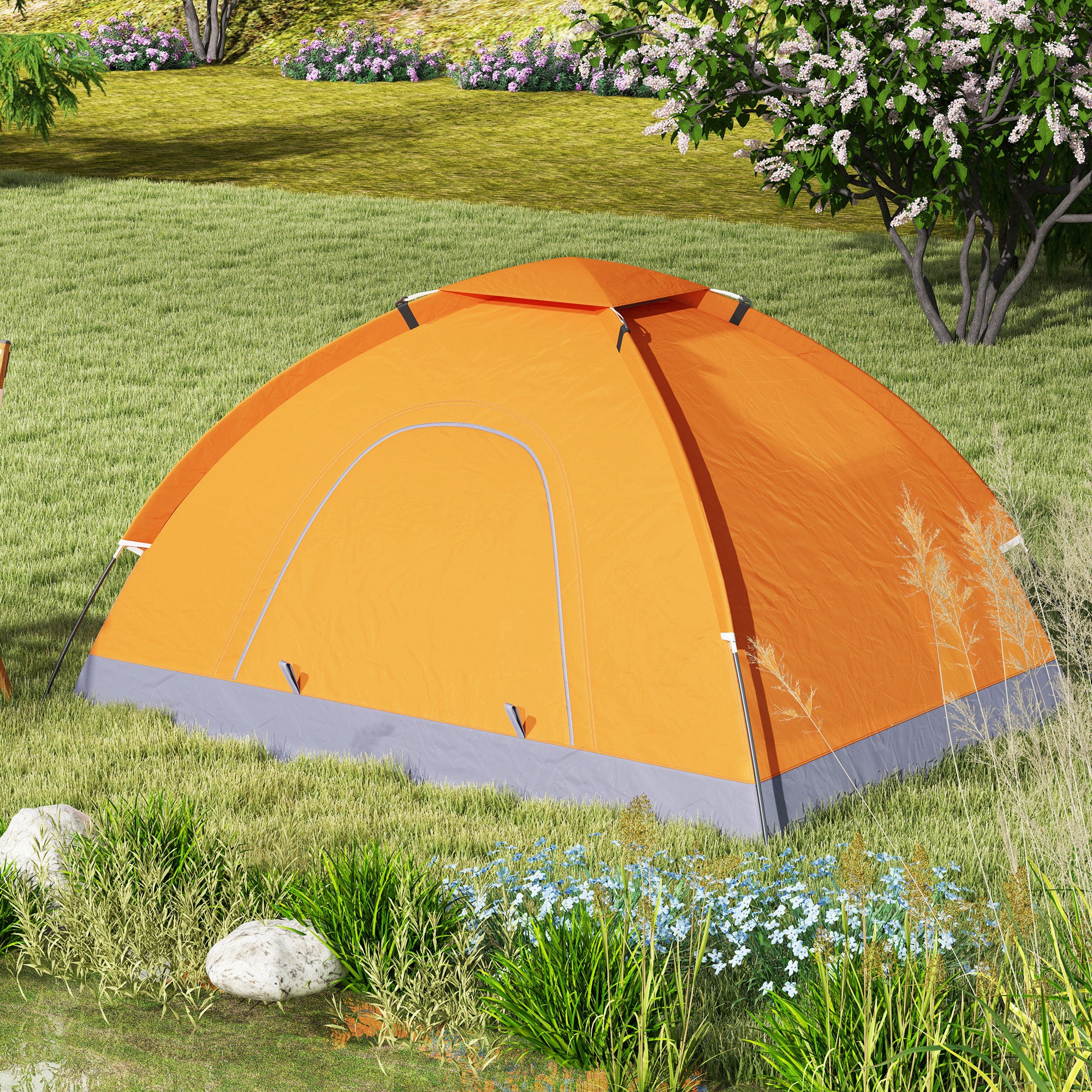 Outsunny 2 Person Camping Tent, Dome Tent with Zipped Doors, Storage Pocket, Portable Handy Bag, Orange - North Peak Garden Furniture