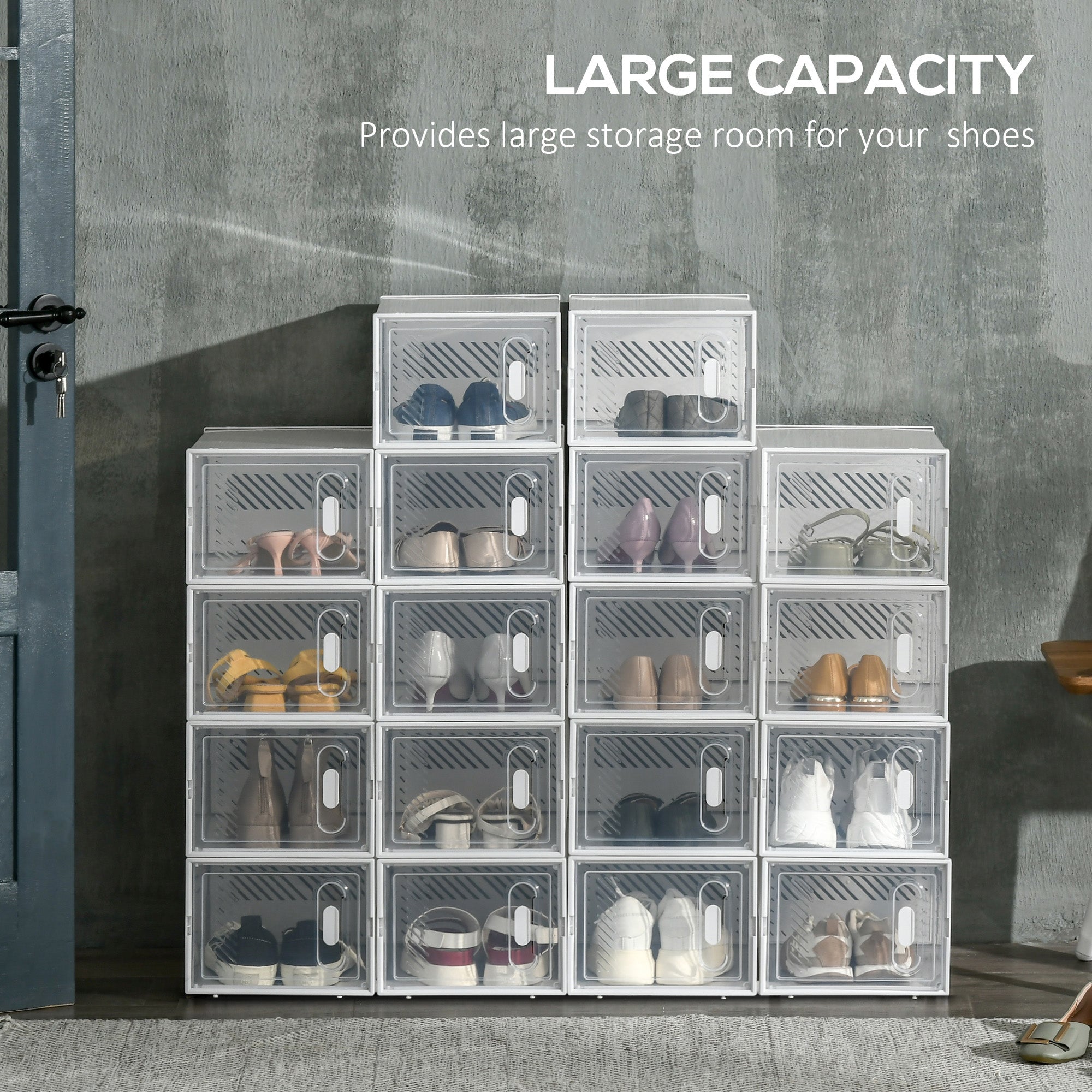 HOMCOM 18PCS Clear Shoe Box, Plastic Stackable Shoe Storage Box for UK/EU Size up to 8.5/43 with Magnetic Door for Women/Men, 25 x 35 x 19cm - North Peak Garden Furniture