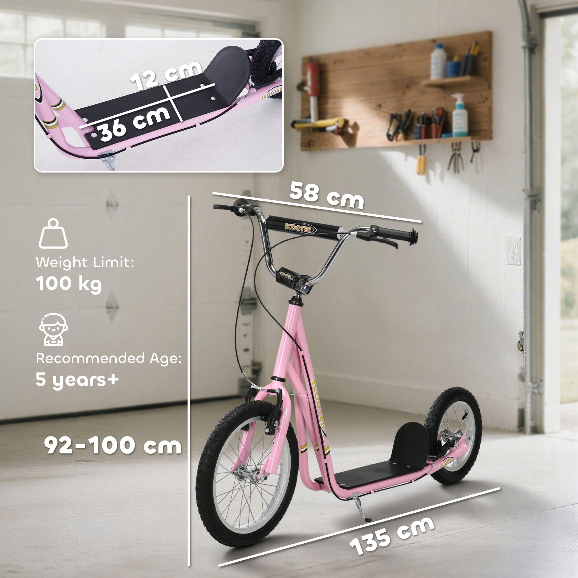HOMCOM Teen Stunt Scooter Push Kick Scooters for Kids with Rubber Wheels Adjustable Handlebar Front Rear Dual Brakes Kickstand, for 5+ Years, Pink
