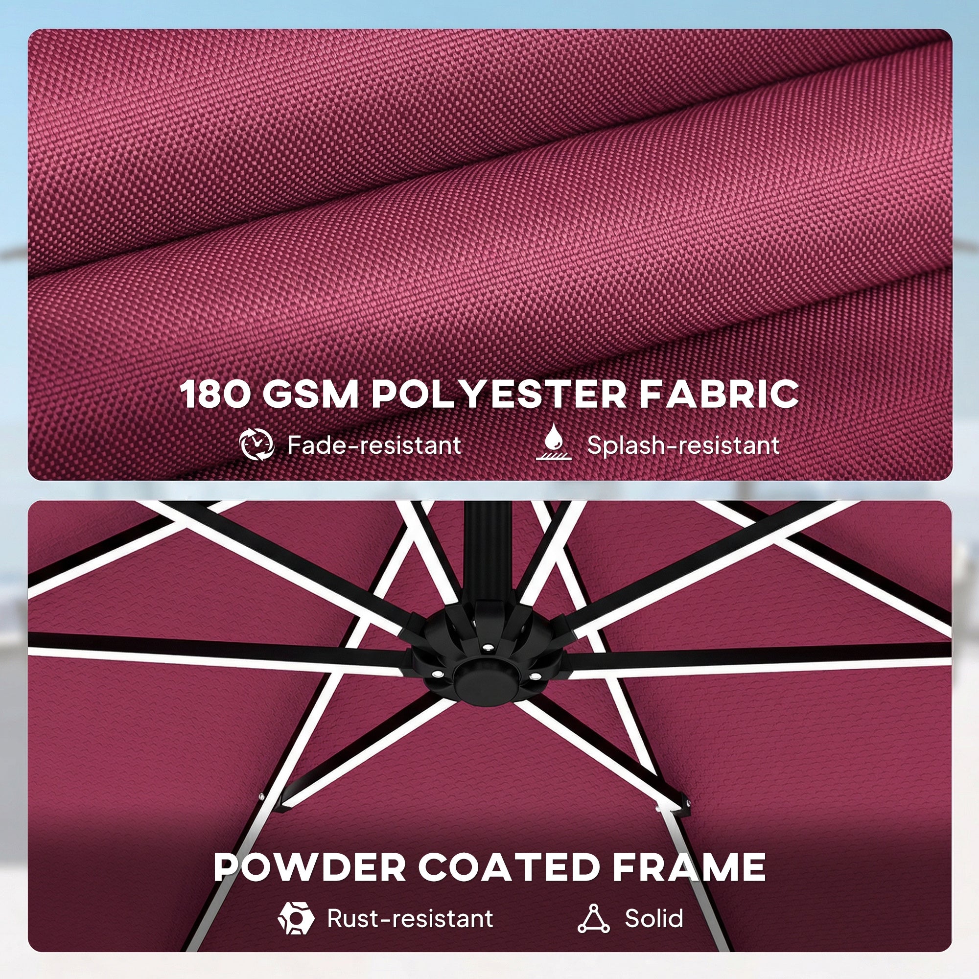 Outsunny 3 m Garden Cantilever Parasol with LED Solar Light, Round Overhanging Umbrella with 360° Rotation, Cover, Wine Red
