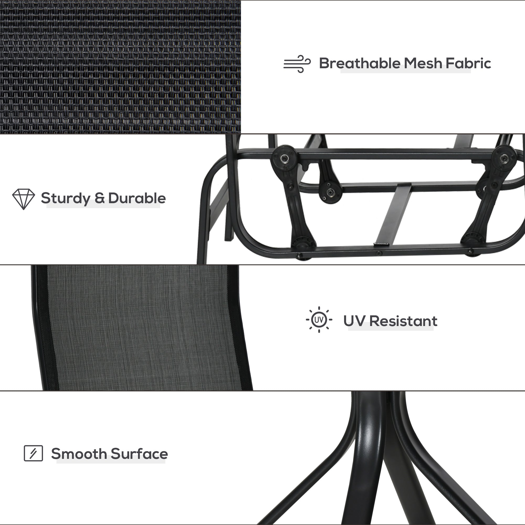 Outsunny 3 Pieces Garden Gliding Chair Set, Metal Frame 2 Single Armchair Swing Seater and 1 Glass Top Coffee Table w/ Breath Mesh Fabric Seat, Black - North Peak Garden Furniture
