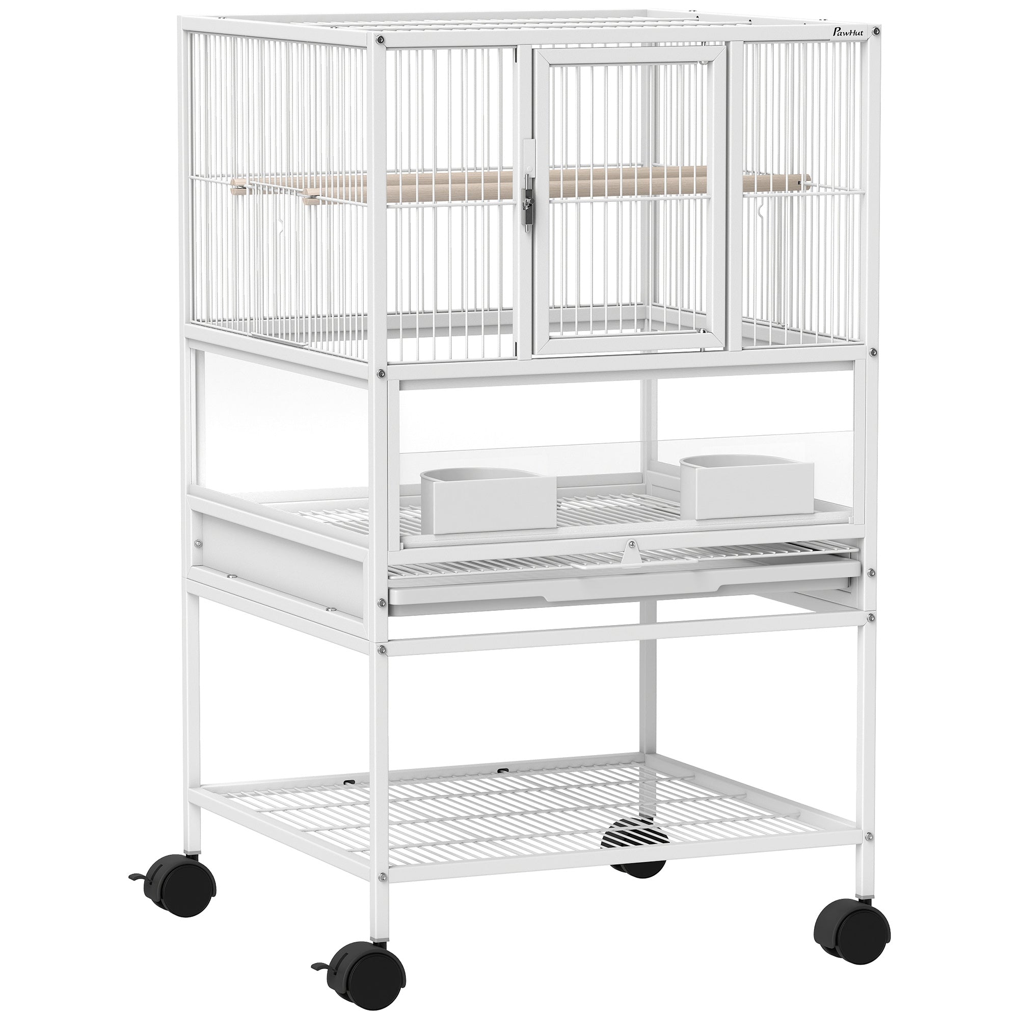 PawHut Bird Cage with Rolling Stand, Acrylic Viewing Panels, Storage Shelf, for Budgie, Parakeet, 48 x 46 x 83 cm - North Peak Garden Furniture