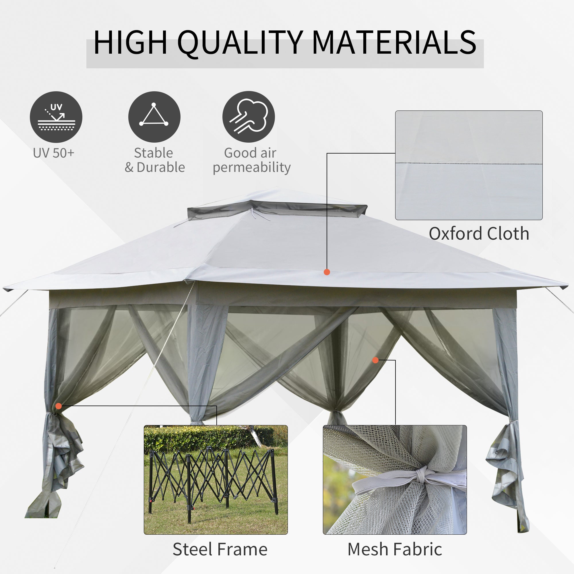 Outsunny 3.6 x 3.6 m Pop up Gazebo with Netting and Carry Bag, Height Adjustable Party Tent Instant Canopy Sun Shade Shelter, Grey - North Peak Garden Furniture