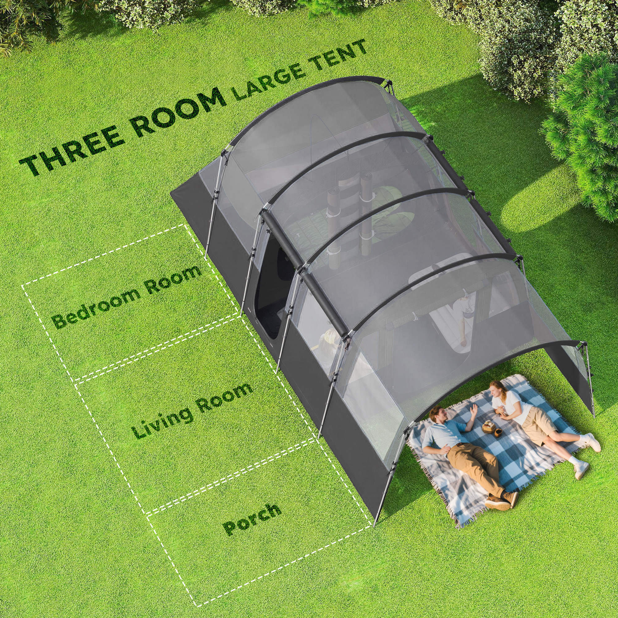 Outsunny 8-Person Camping Tent, Waterproof Family Tent, Tunnel Design, 4 Large Windows, Sleeping Cabins 3000mm Water Column Grey - North Peak Garden Furniture