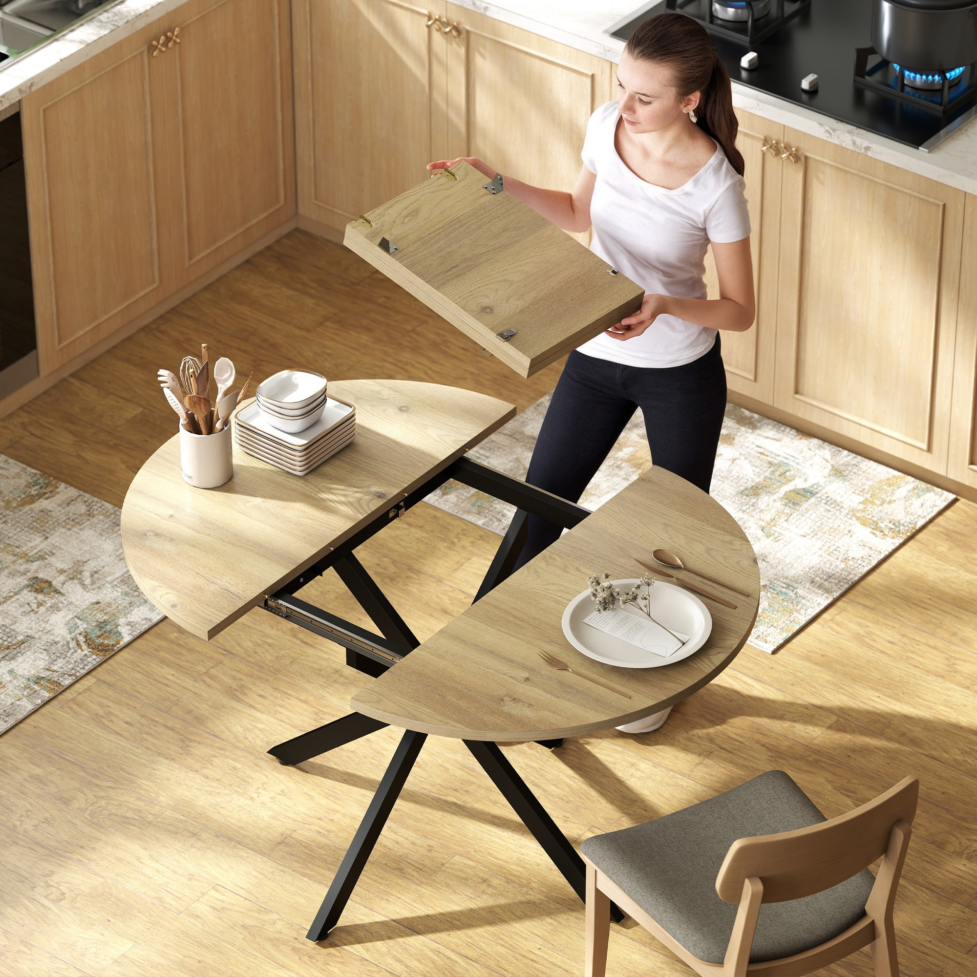 HOMCOM Extendable Dining Table for 4-6, Industrial Kitchen Dinner Table with Butterfly Leaf and X-Shape Base, Natural Wood