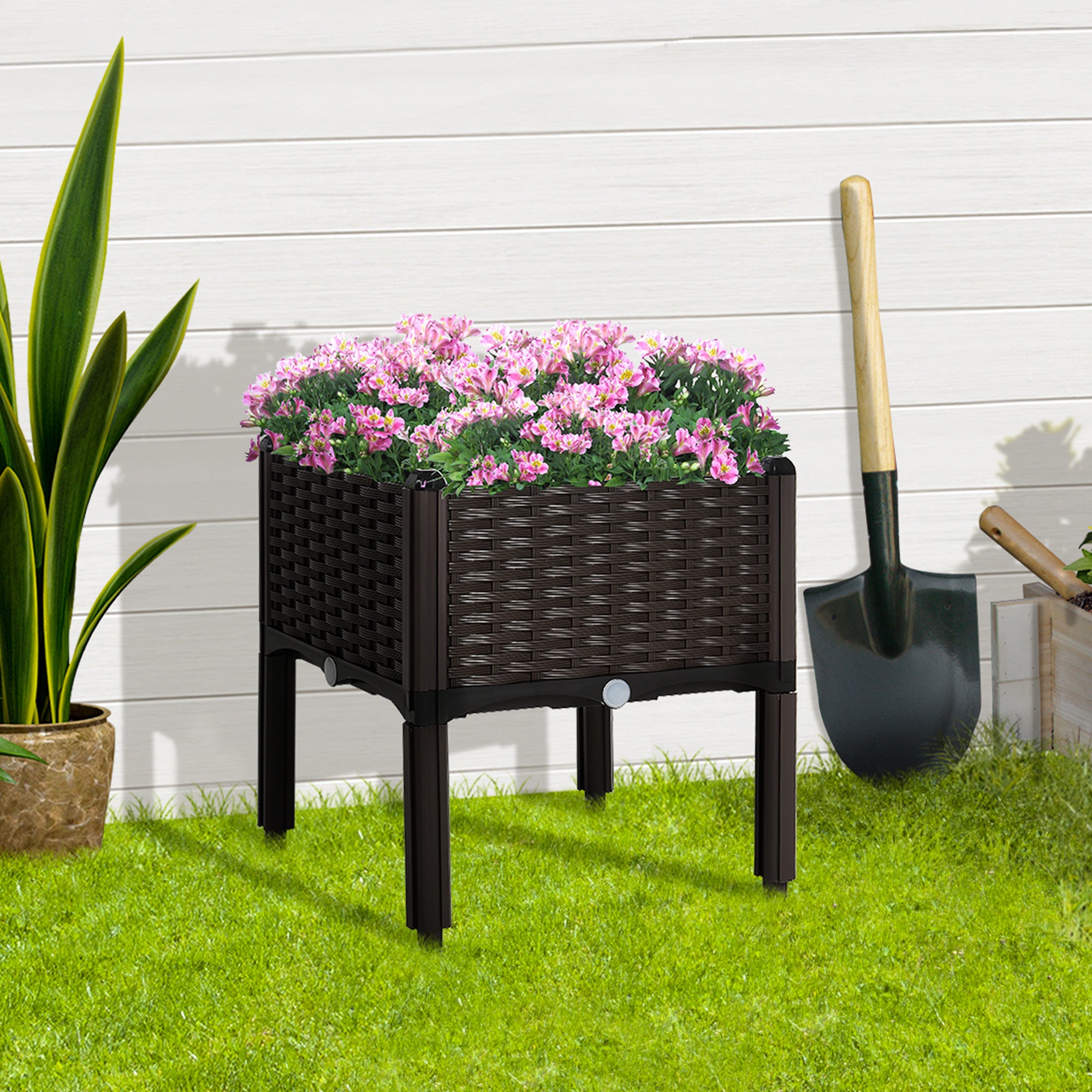 Outsunny Elevated Garden Bed, Patio Flower Plant Planter, Raised Vegetable Planting Container, Durable PP, Black