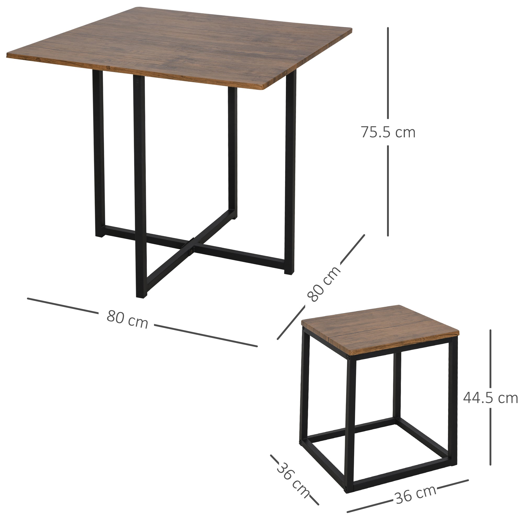 HOMCOM 5 Piece Dining Table and Chairs Set 4, Industrial Space Saving Table and Chairs with Metal Frame, Square Kitchen Table and Stools for Dining Room, Brown