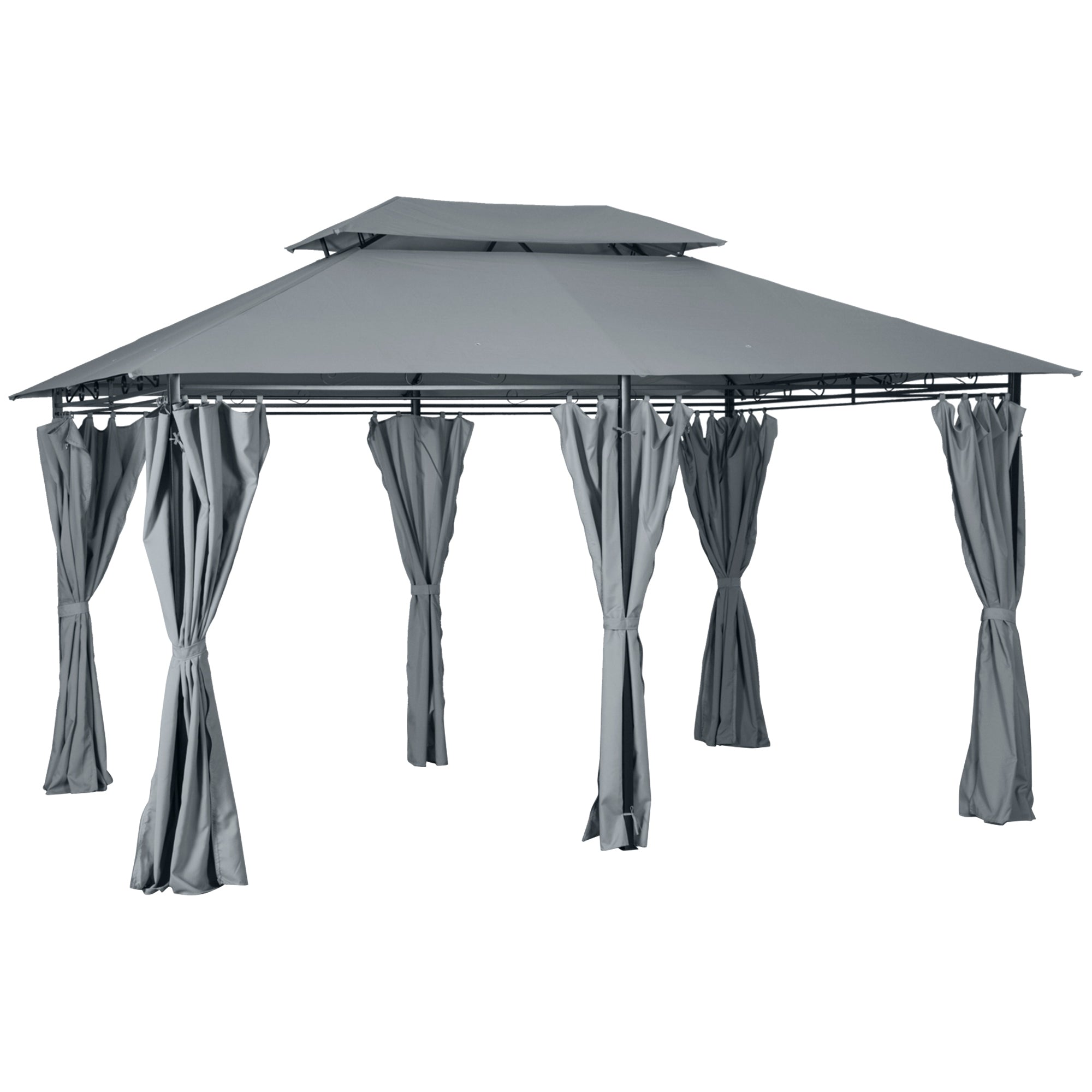 Outsunny 4m x 3(m)Garden Gazebo, Double Roof Outdoor Gazebo Canopy Shelter with Curtains, Solid Steel Frame for Lawn and Deck, Grey - North Peak Garden Furniture