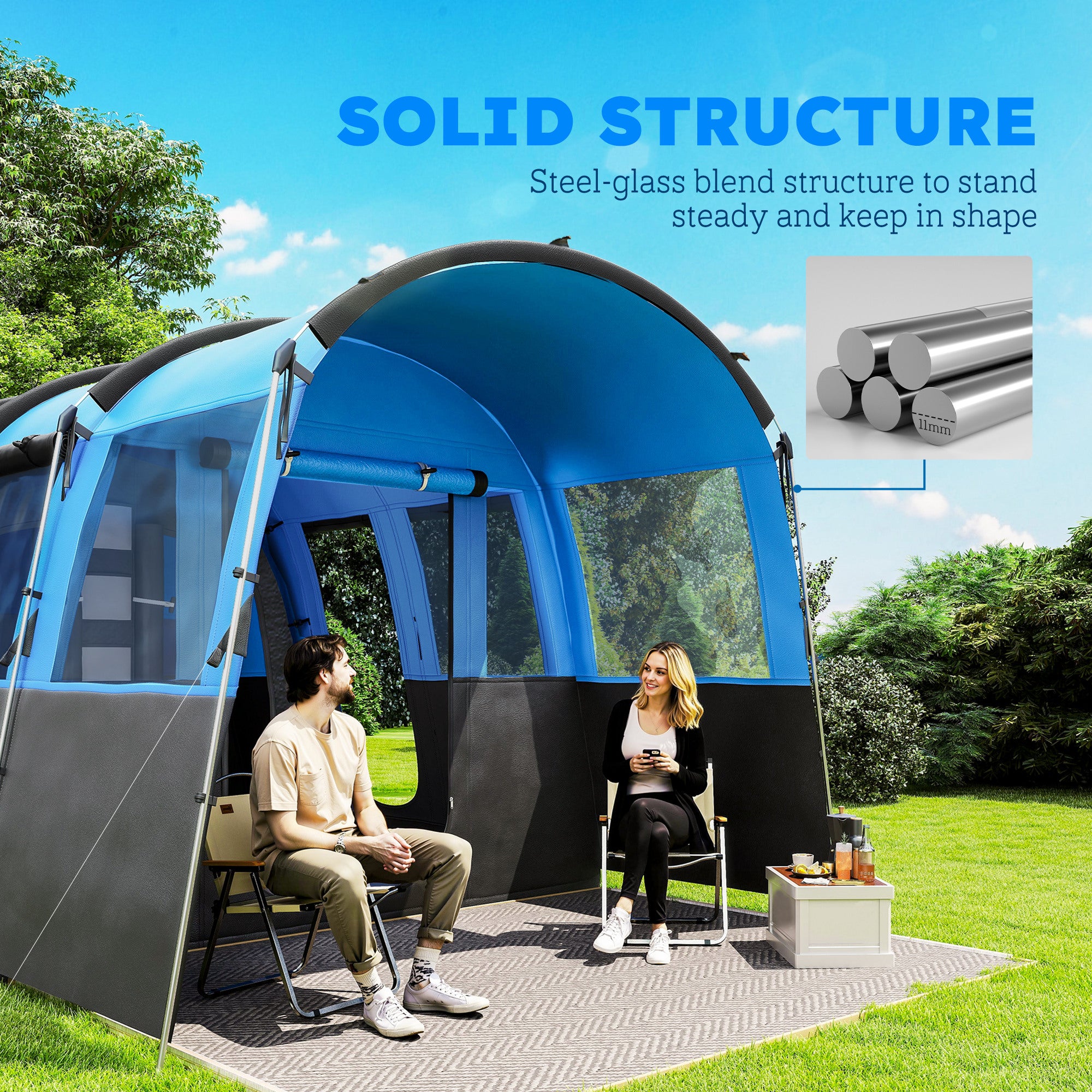 Outsunny 8-Person Camping Tent, Waterproof Family Tent, Tunnel Design, 4 Large Windows, Sleeping Cabins 3000mm Water Column Blue - North Peak Garden Furniture